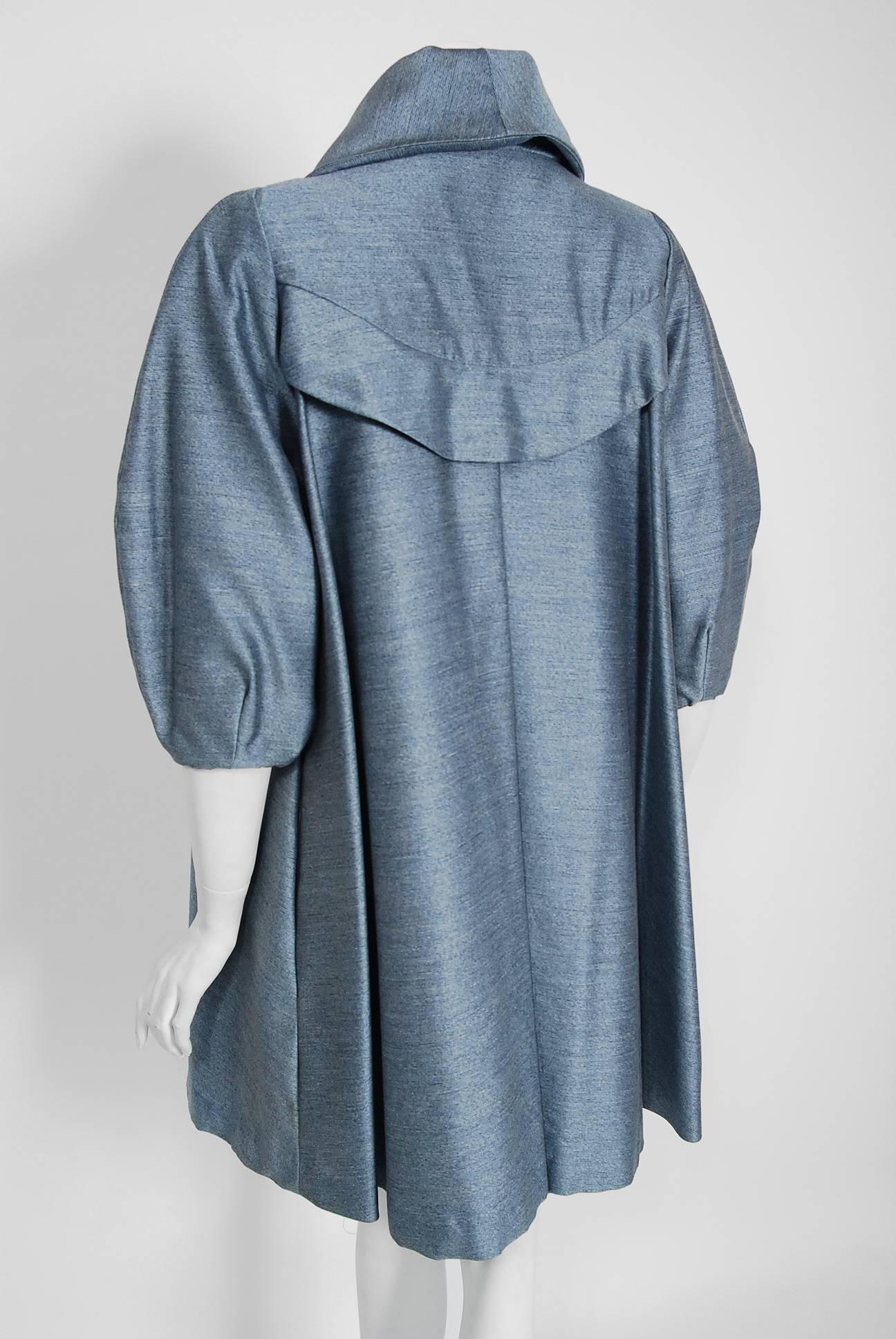 1960's Baby-Blue Stripe Silk Sleeveless Cocktail Dress & Puff-Sleeve Swing Coat 1