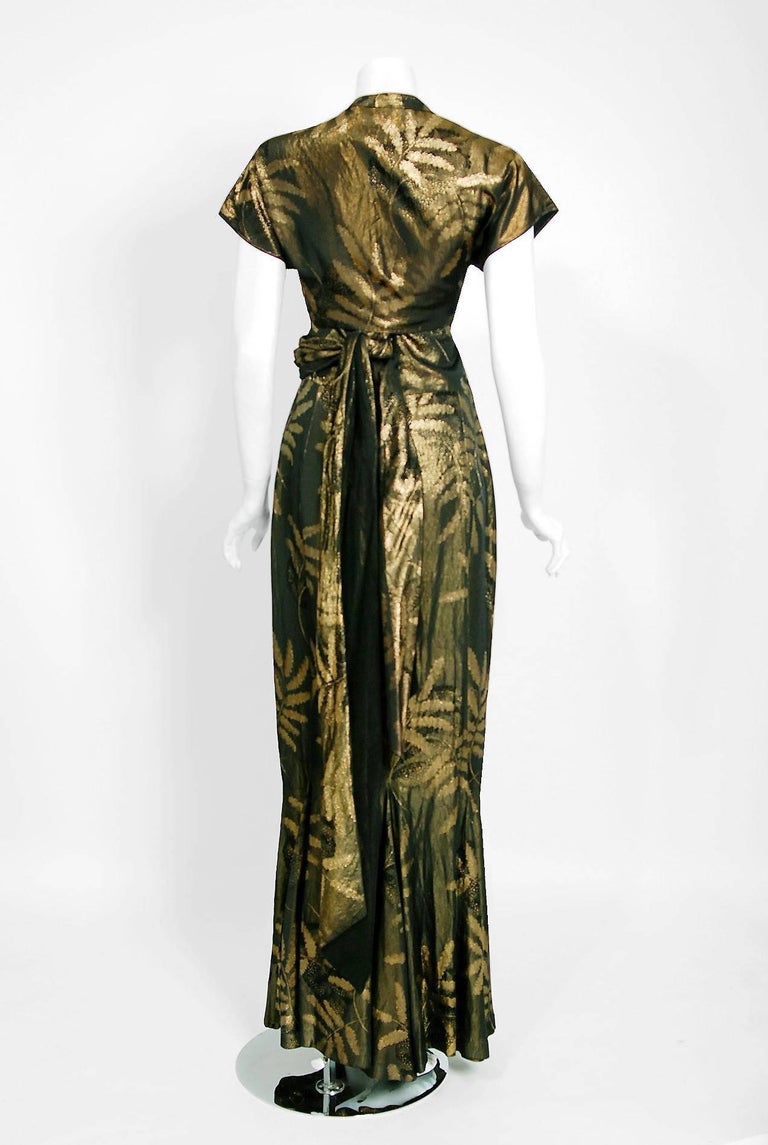 1940's French Couture Metallic Gold Lame Hourglass One-Shoulder Gown ...