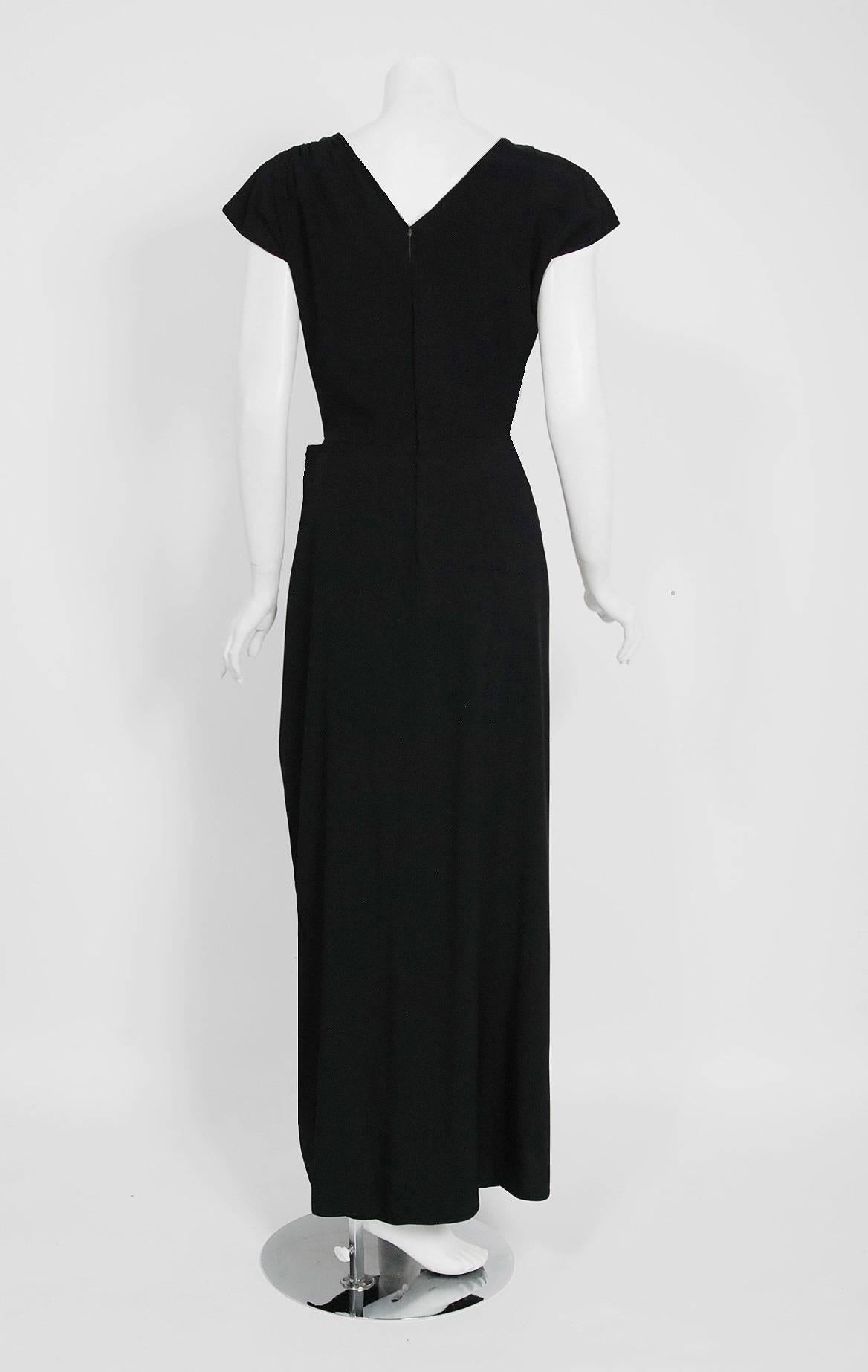 1944 Irene Lentz Black Silk-Rayon Asymmetric Draped Hourglass Formal Gown  1