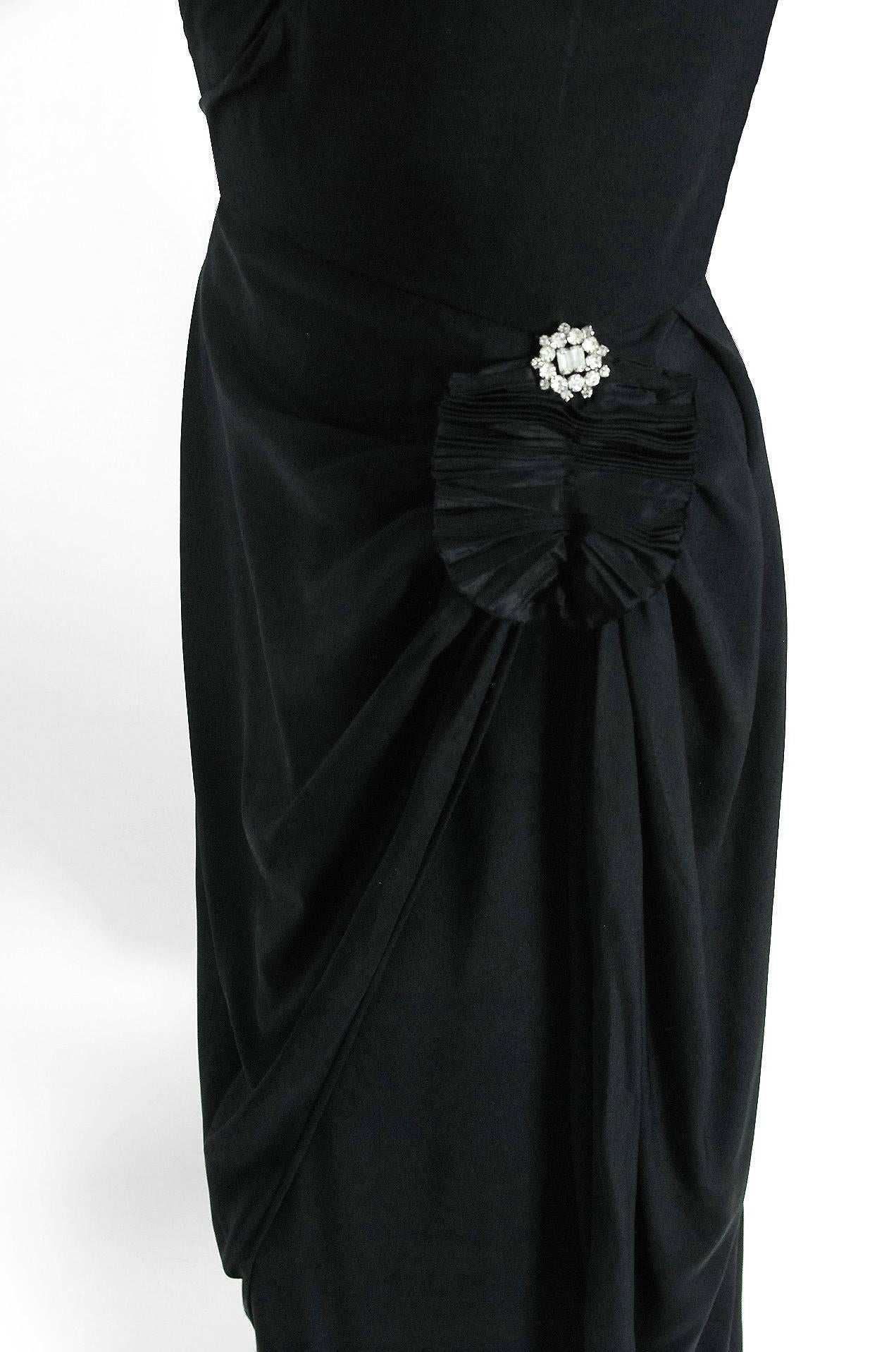 Women's 1944 Irene Lentz Black Silk-Rayon Asymmetric Draped Hourglass Formal Gown 