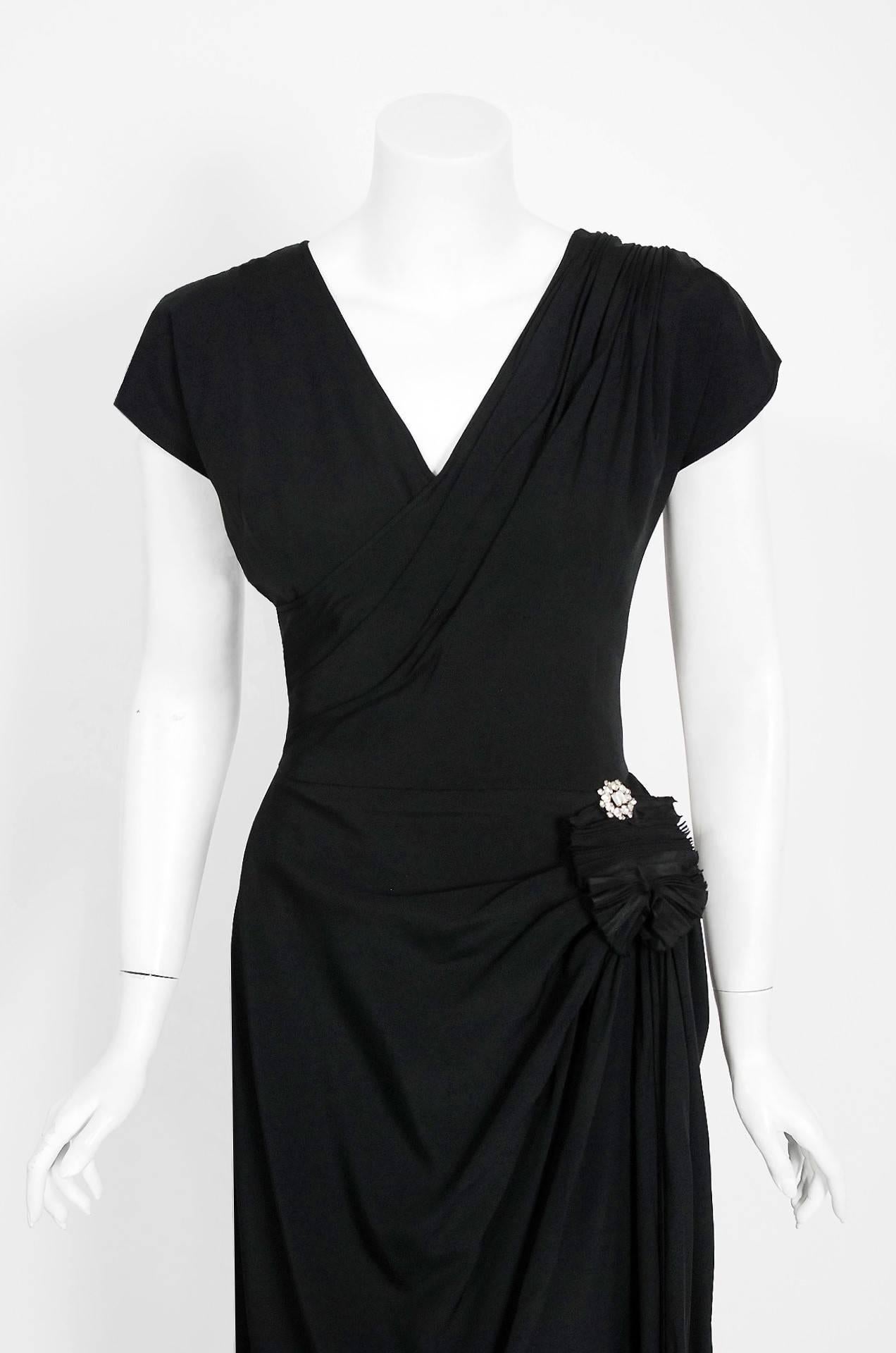 1944 Irene Lentz Black Silk-Rayon Asymmetric Draped Hourglass Formal Gown  In Excellent Condition In Beverly Hills, CA