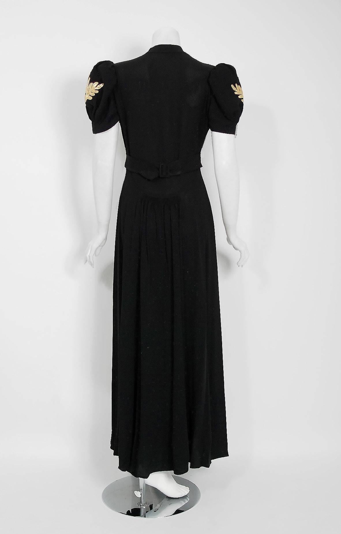 1930's Seductive Metallic-Gold Appliqued Black Crepe Puff Sleeve Bias-Cut Gown 2