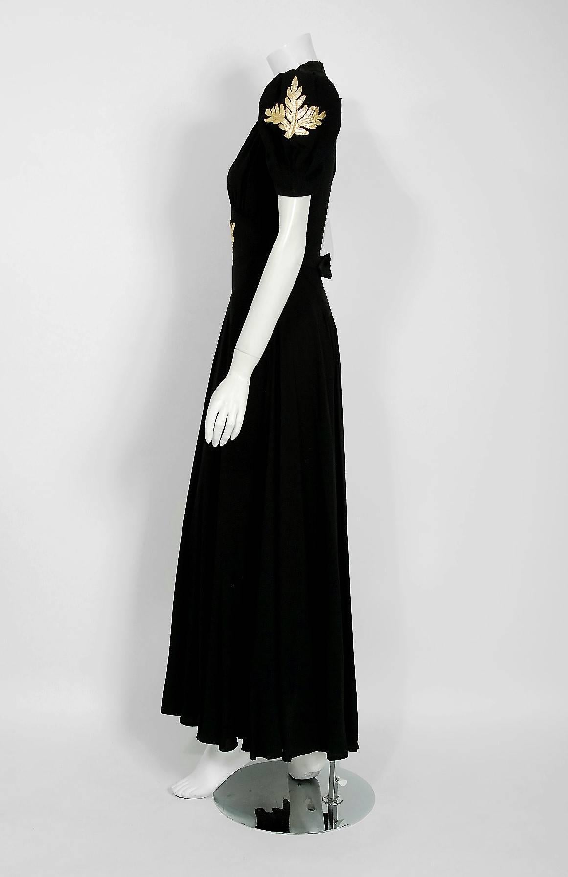 1930's Seductive Metallic-Gold Appliqued Black Crepe Puff Sleeve Bias-Cut Gown 1