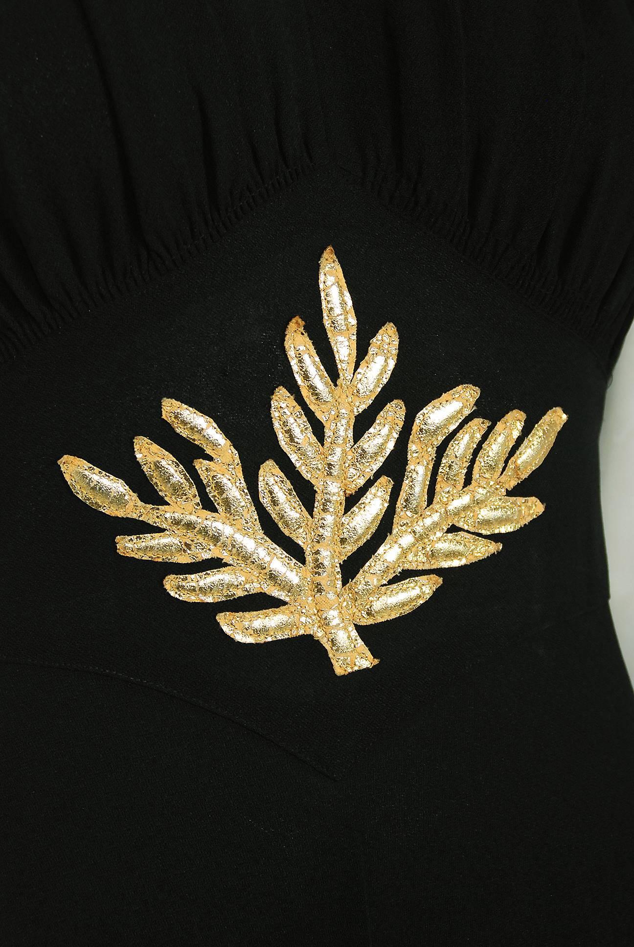 Women's 1930's Seductive Metallic-Gold Appliqued Black Crepe Puff Sleeve Bias-Cut Gown