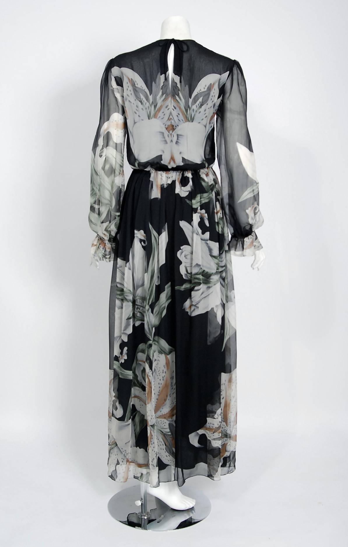 Women's 1977 Hanae Mori Couture Black Floral Print Silk-Chiffon Goddess Gown w/Tags
