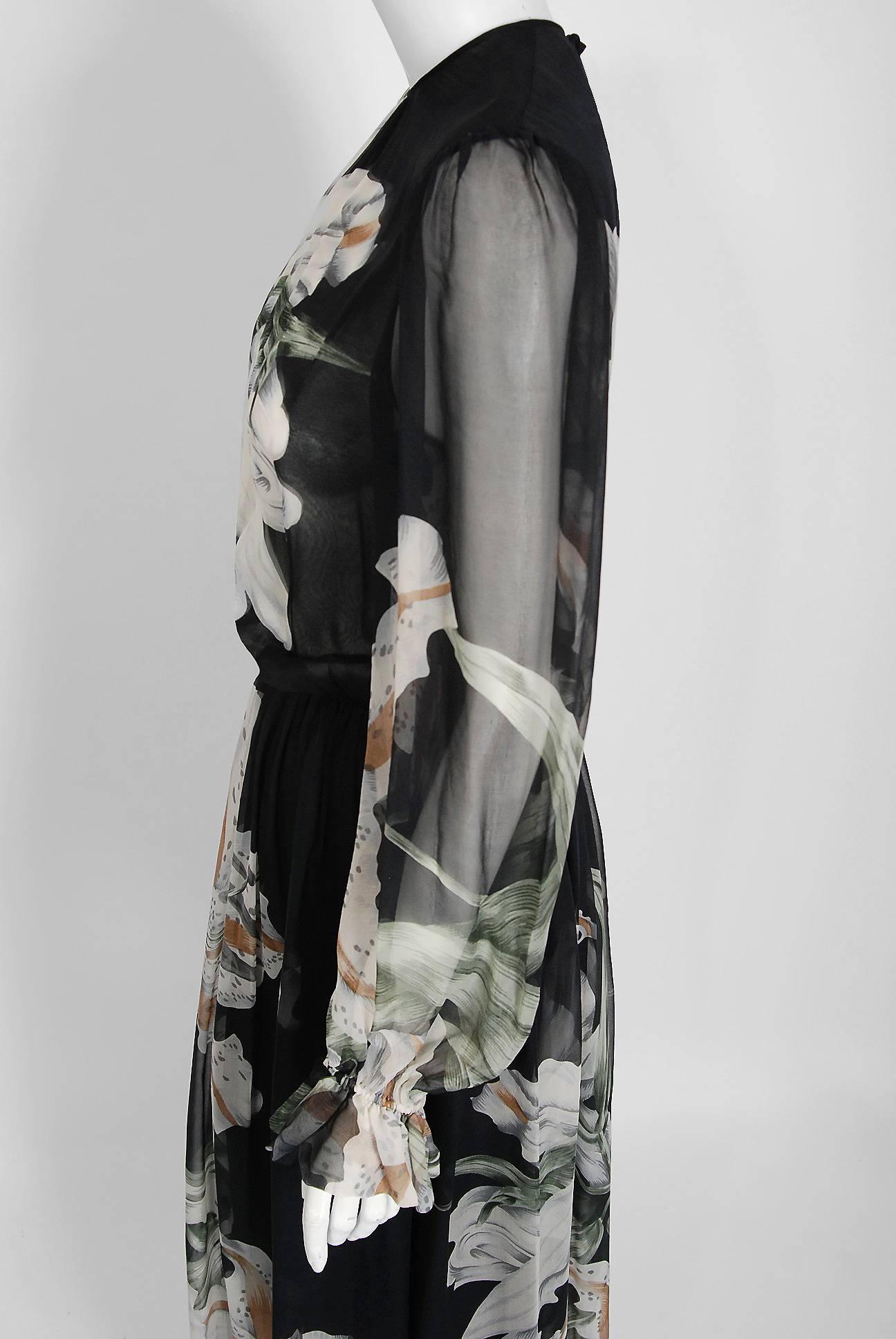 1977 Hanae Mori Couture Black Floral Print Silk-Chiffon Goddess Gown w/Tags In New Condition In Beverly Hills, CA
