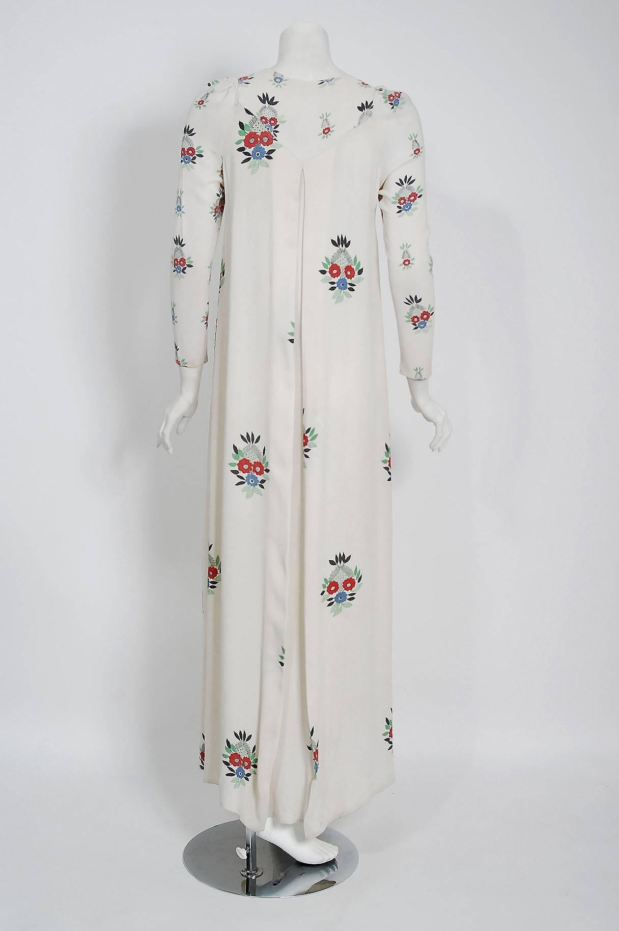 Women's 1975 Ossie Clark Ivory Floral Celia Birtwell Print Moss-Crepe Pleated Maxi Dress