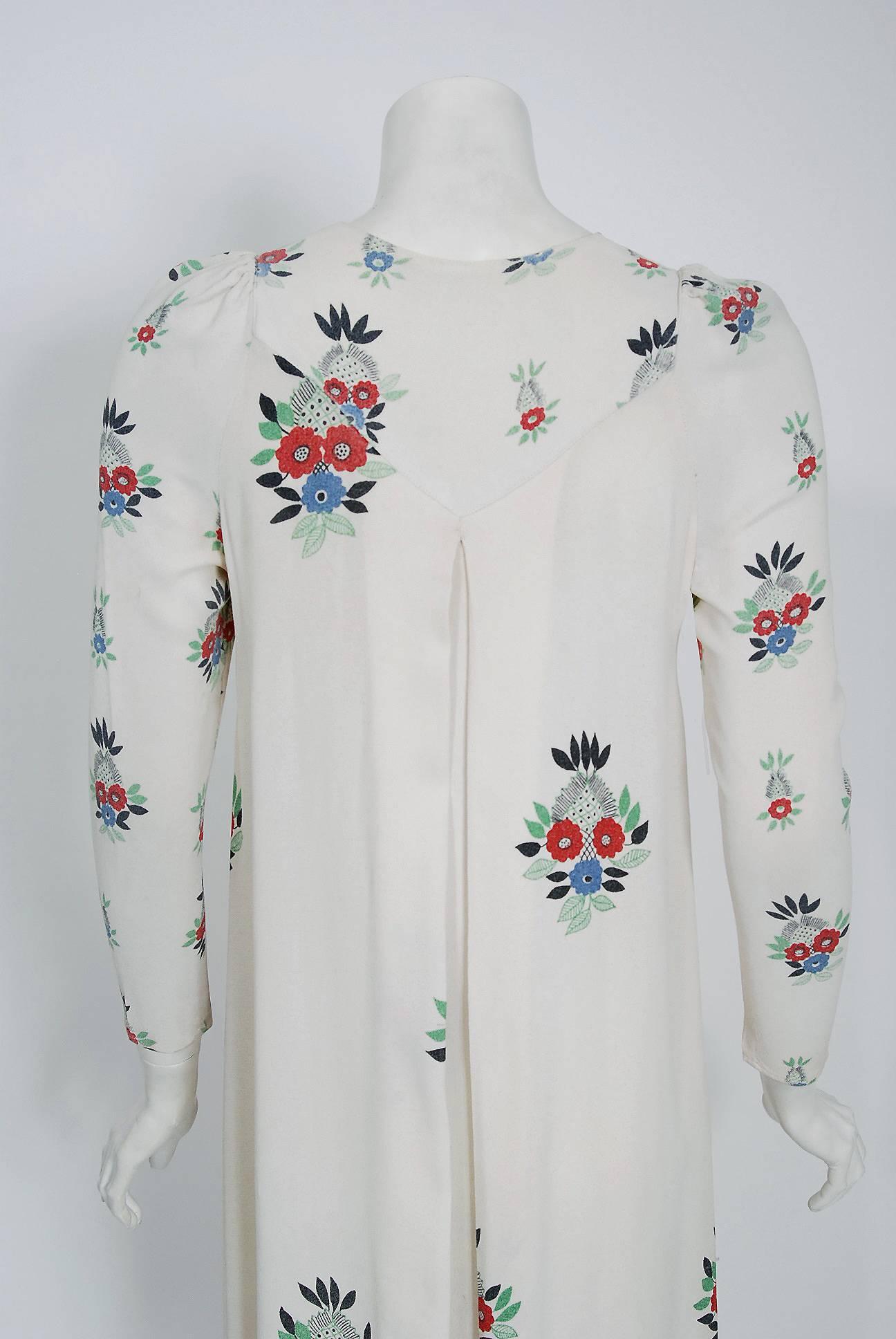 1975 Ossie Clark Ivory Floral Celia Birtwell Print Moss-Crepe Pleated Maxi Dress 1