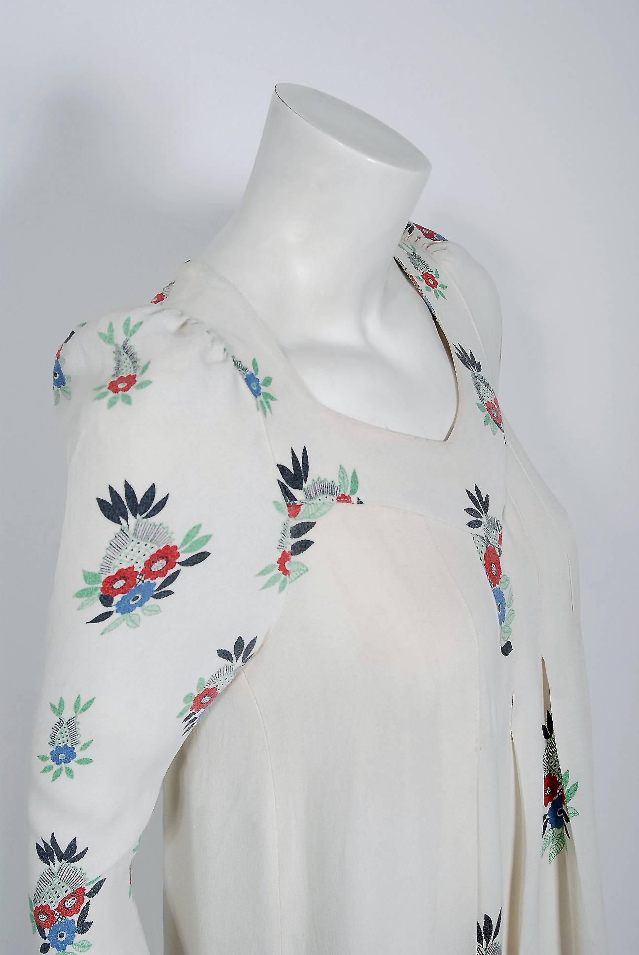 Gray 1975 Ossie Clark Ivory Floral Celia Birtwell Print Moss-Crepe Pleated Maxi Dress