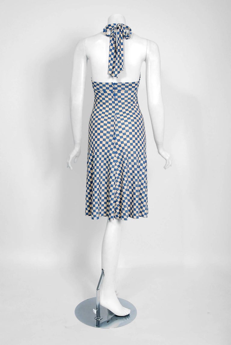 1970's Biba London Blue and Ivory Checkered Print Jersey Halter
