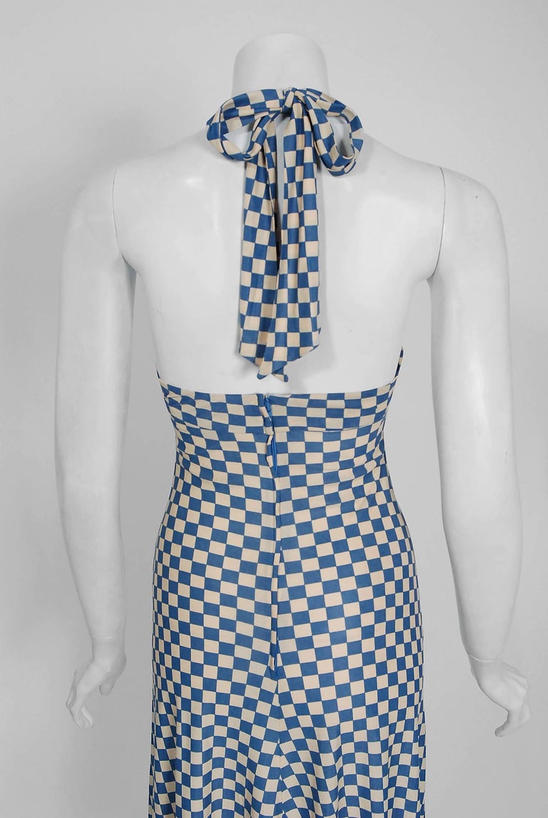 1970's Biba London Blue and Ivory Checkered Print Jersey Halter