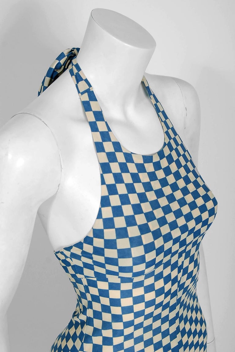 1970's Biba London Blue and Ivory Checkered Print Jersey Halter