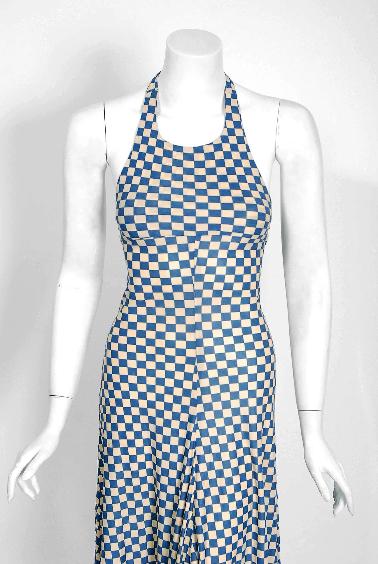 If you were an “It Girl” in London during the 1960's and 1970's, Biba is where you would have shopped. This beautiful blue and ivory checkered print dress is a perfect example of the brand's genius. It is an easy-to-wear jersey blend with all the