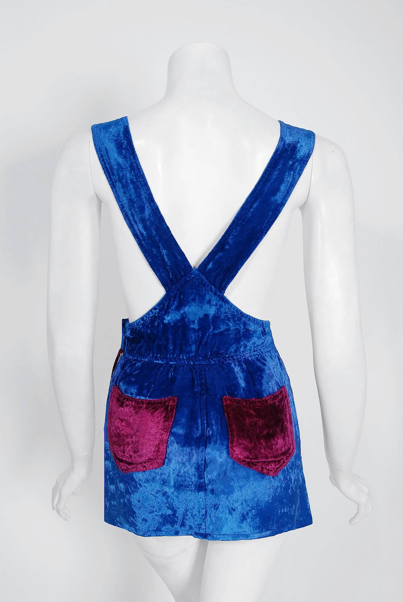 Blue Vintage 1970's Mr Freedom Glam Rock Crushed Velvet Mod Mini Pinafore Skirt Dress For Sale