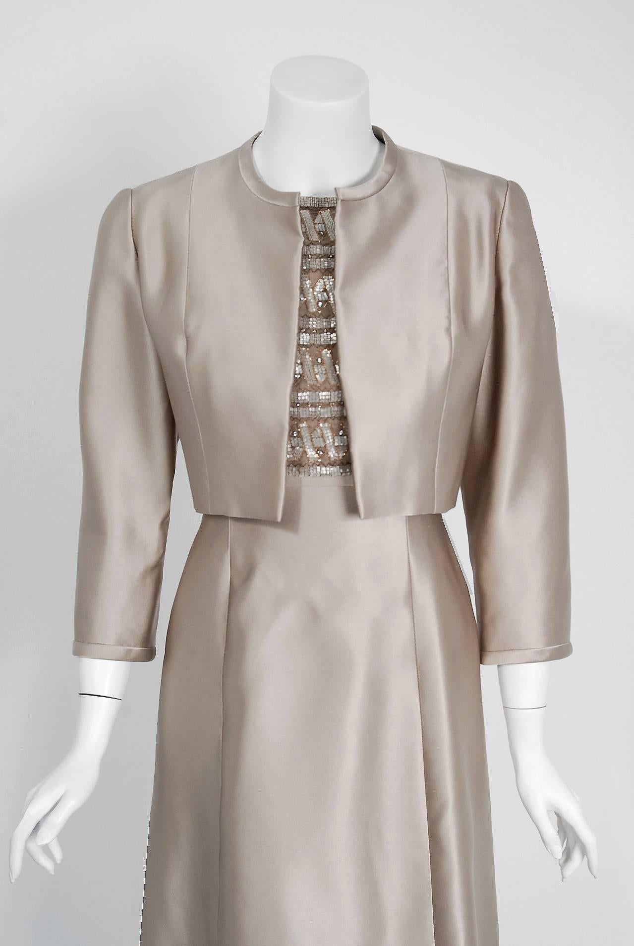 Gray Vintage 1967 Pierre Balmain Haute Couture Beaded Lesage Satin Dress and Jacket 