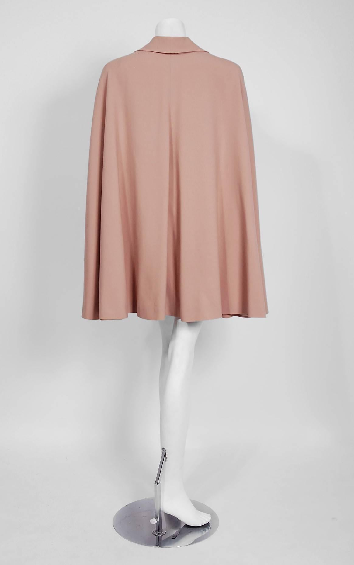 1940's Irene Lentz Couture Mauve Wool Gabardine Double-Breasted Cape Jacket In Excellent Condition In Beverly Hills, CA