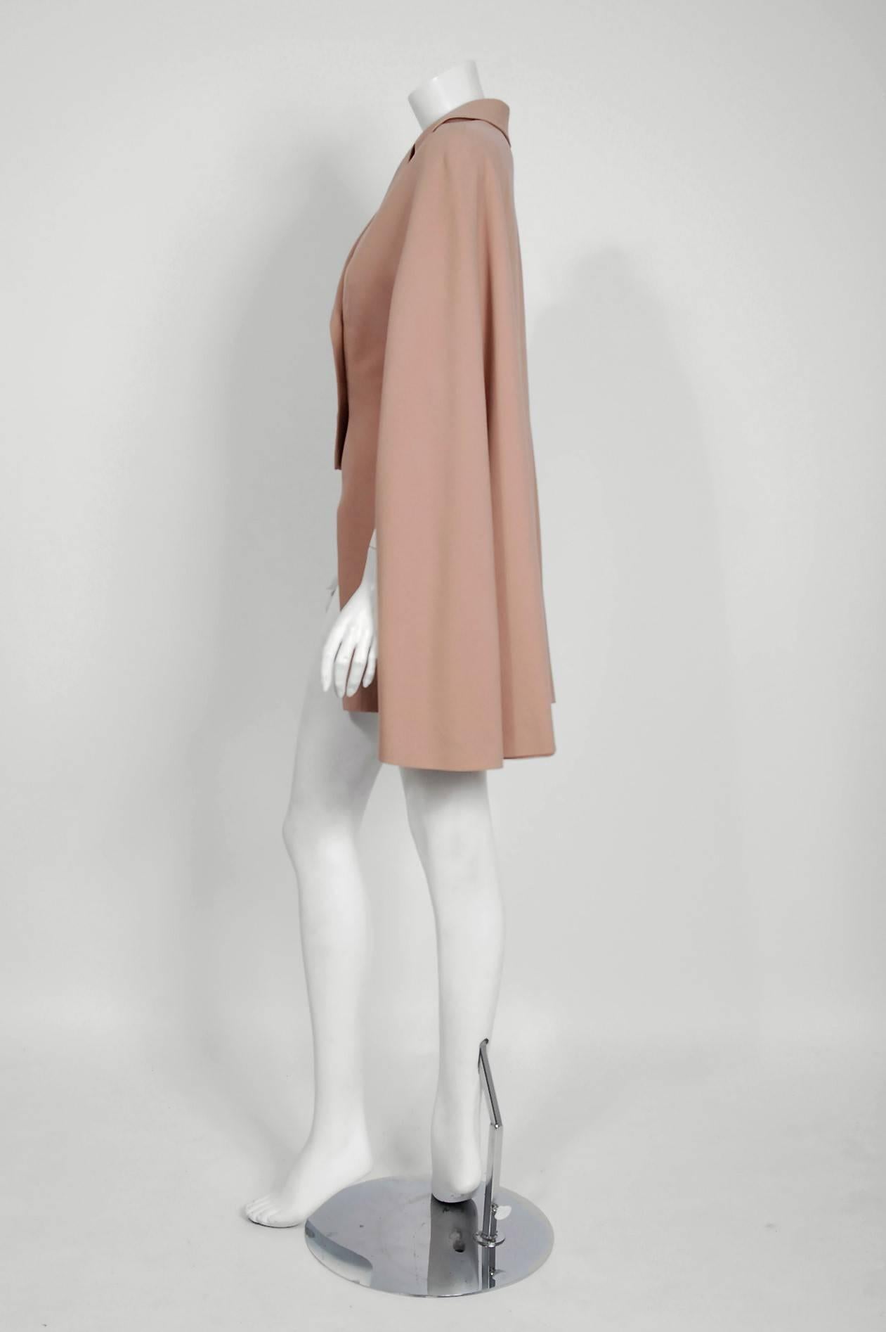 Beige 1940's Irene Lentz Couture Mauve Wool Gabardine Double-Breasted Cape Jacket