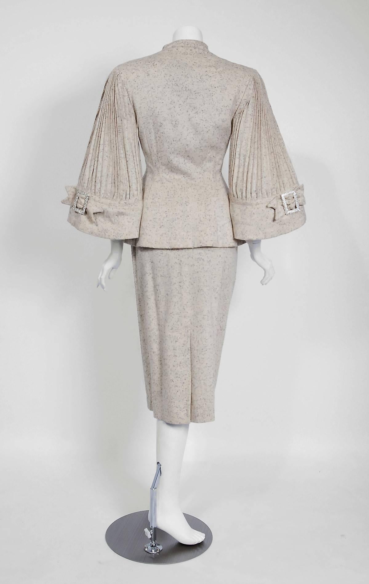 1952 Lilli-Ann Ivory Flecked Wool Rhinestone Pleated Bell-Sleeve Cocktail Suit 1