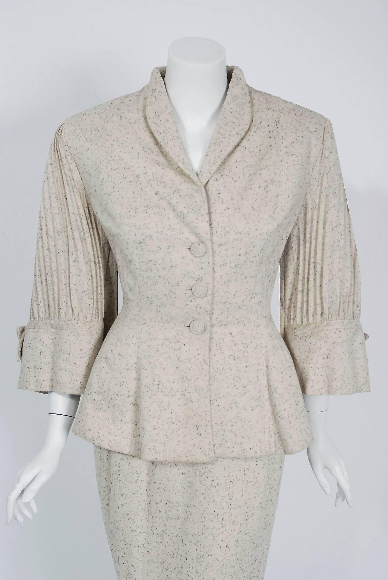 Gray 1952 Lilli-Ann Ivory Flecked Wool Rhinestone Pleated Bell-Sleeve Cocktail Suit