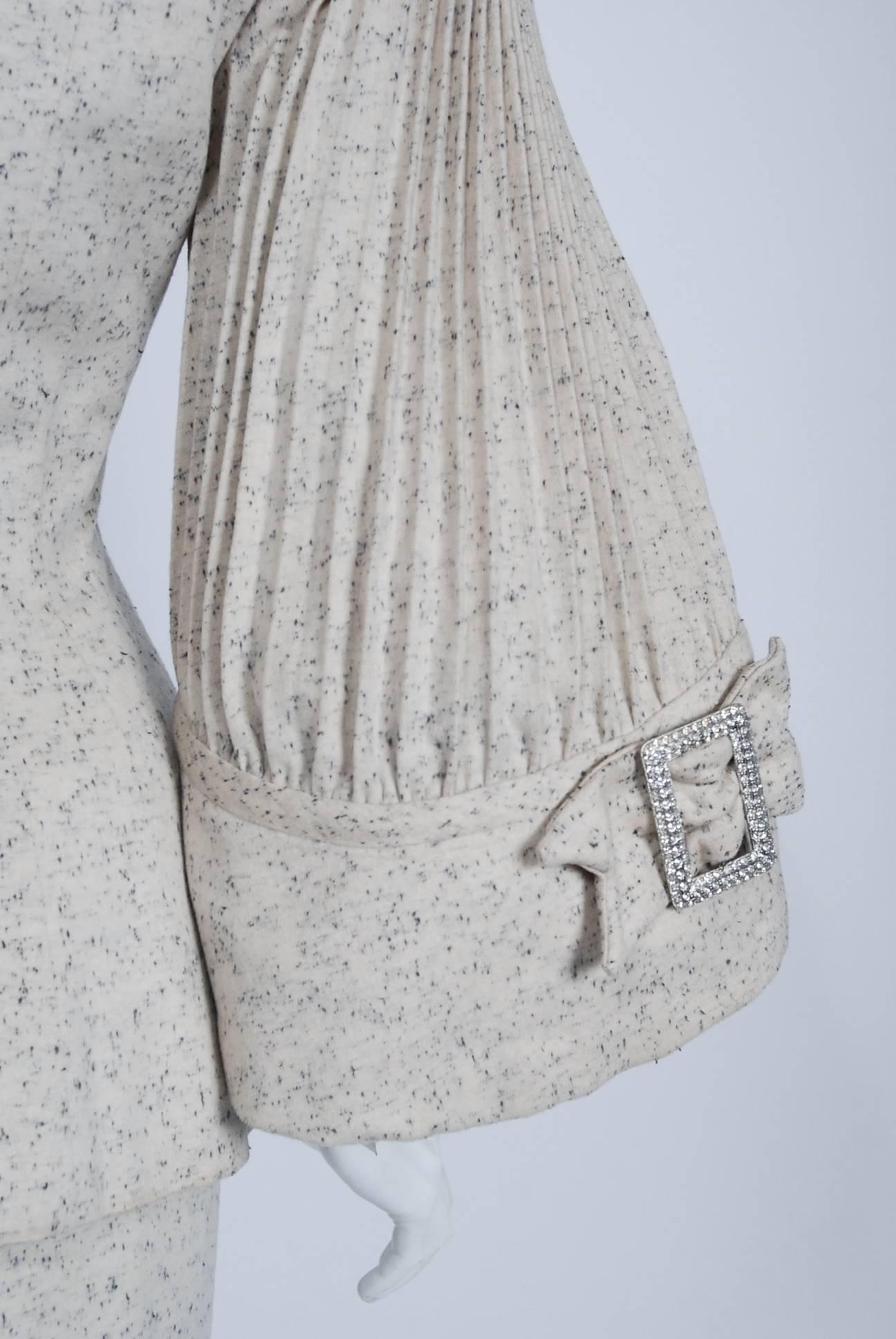 1952 Lilli-Ann Ivory Flecked Wool Rhinestone Pleated Bell-Sleeve Cocktail Suit 2