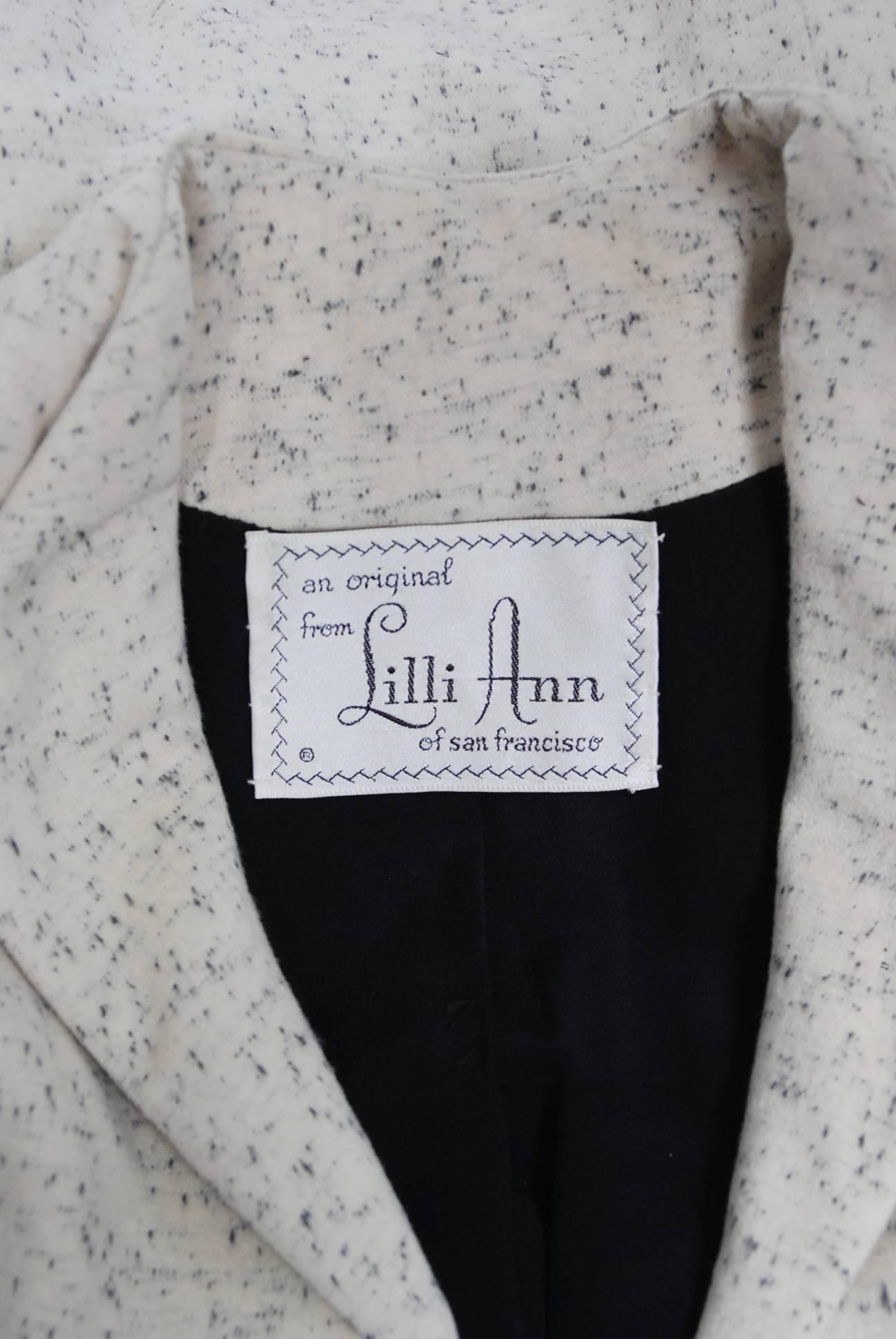 1952 Lilli-Ann Ivory Flecked Wool Rhinestone Pleated Bell-Sleeve Cocktail Suit 3