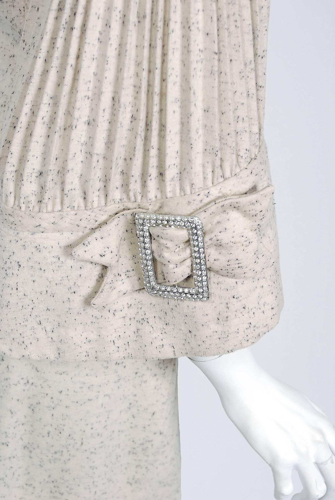 Women's 1952 Lilli-Ann Ivory Flecked Wool Rhinestone Pleated Bell-Sleeve Cocktail Suit