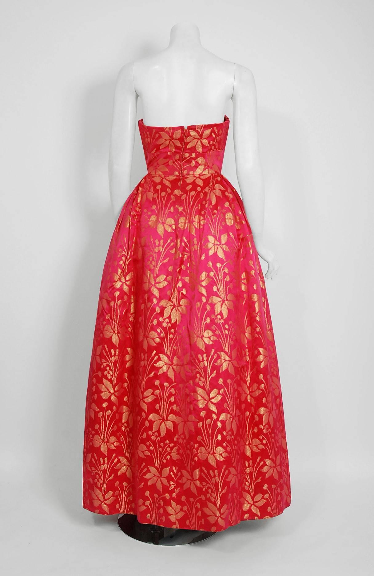 Women's 1959 Sarmi Couture Metallic Fuchsia Floral Motif Brocade Strapless Evening Gown