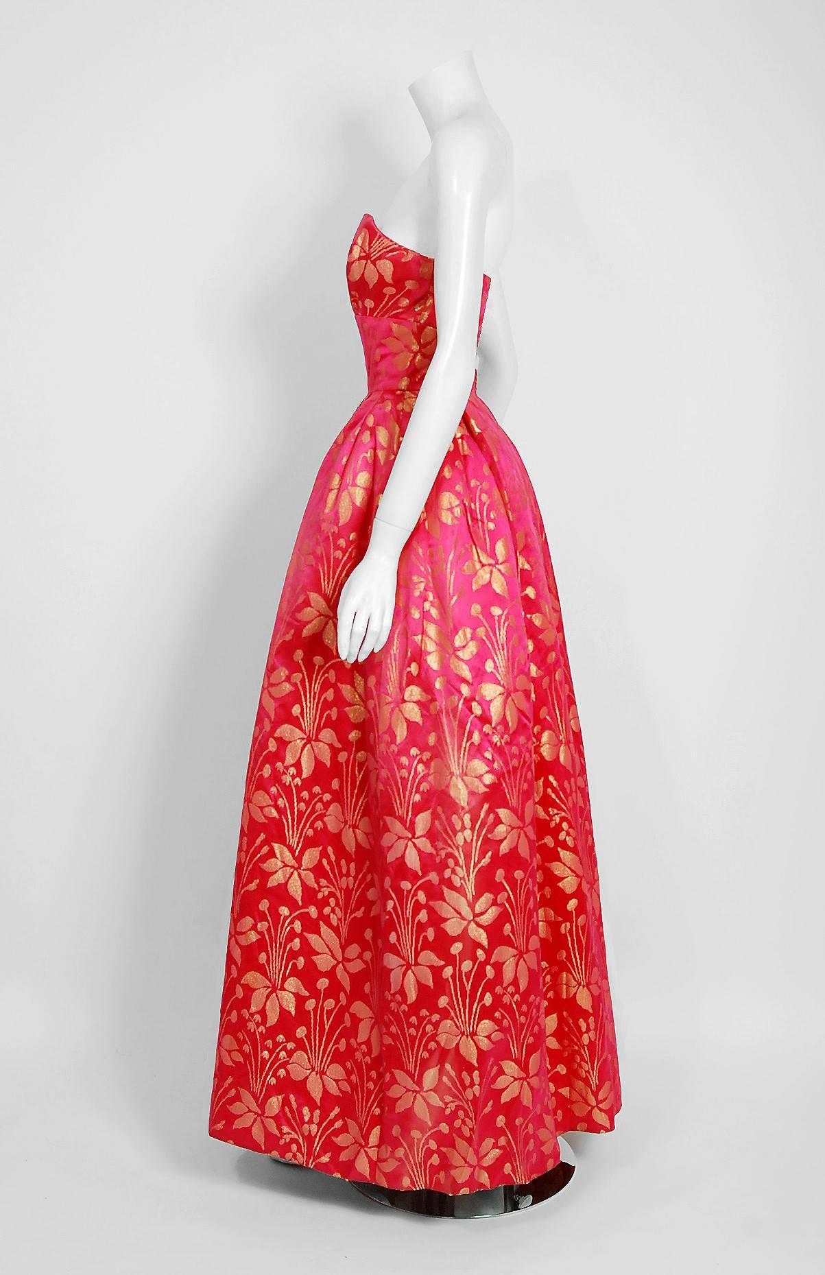 1959 Sarmi Couture Metallic Fuchsia Floral Motif Brocade Strapless Evening Gown In Excellent Condition In Beverly Hills, CA