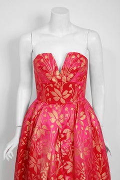 1959 Sarmi Couture Metallic Fuchsia Floral Motif Brocade Strapless Evening Gown
