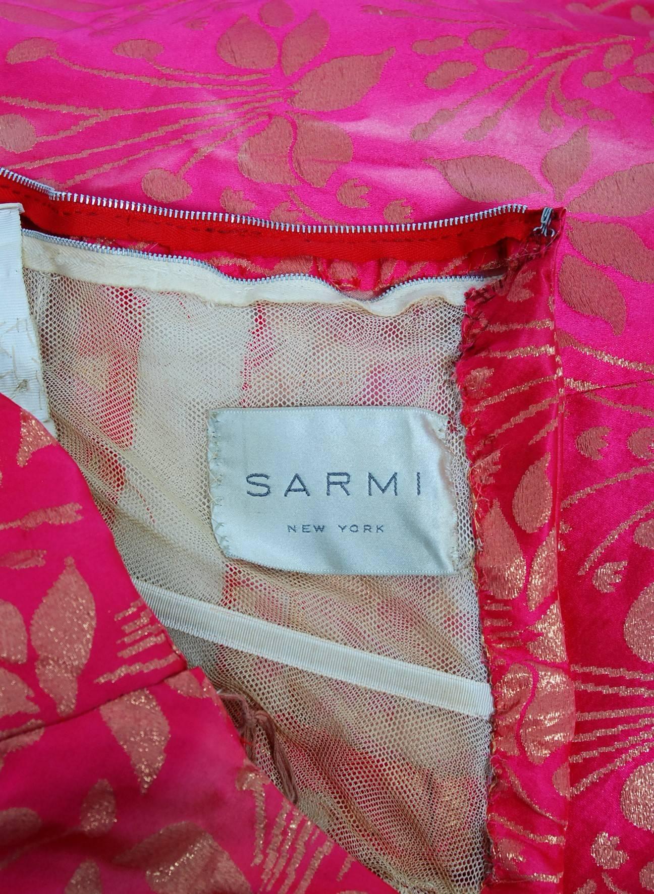 1959 Sarmi Couture Metallic Fuchsia Floral Motif Brocade Strapless Evening Gown 1