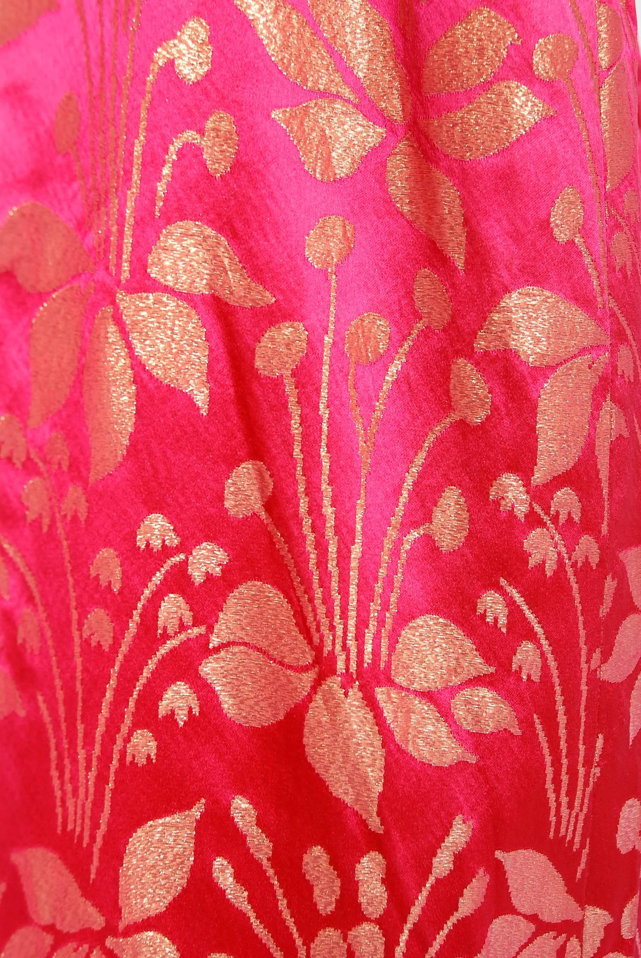 Red 1959 Sarmi Couture Metallic Fuchsia Floral Motif Brocade Strapless Evening Gown