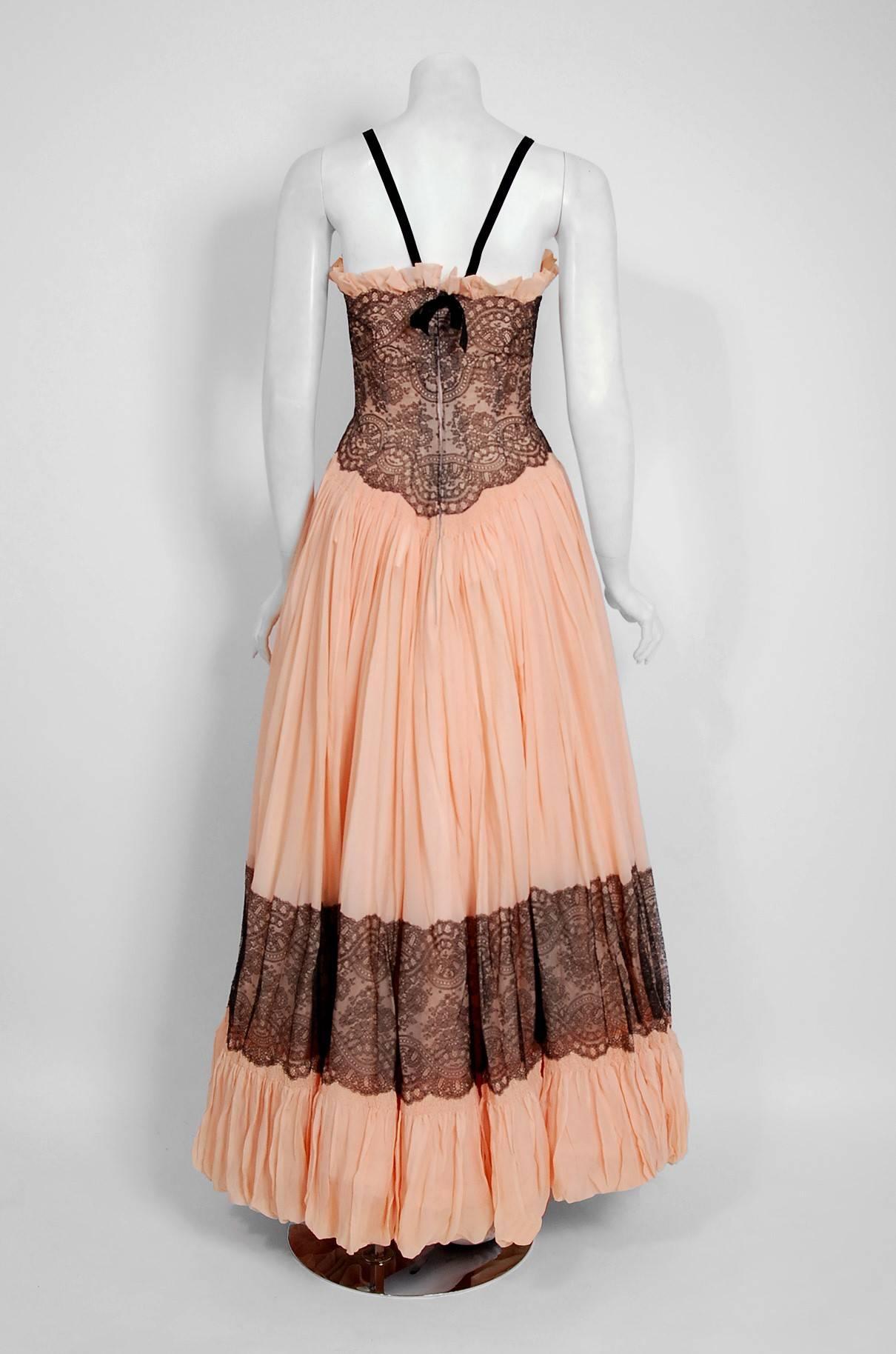 Beige 1940's French Couture Pink Silk Chiffon & Black Lace Scalloped Gown w/ Capelet
