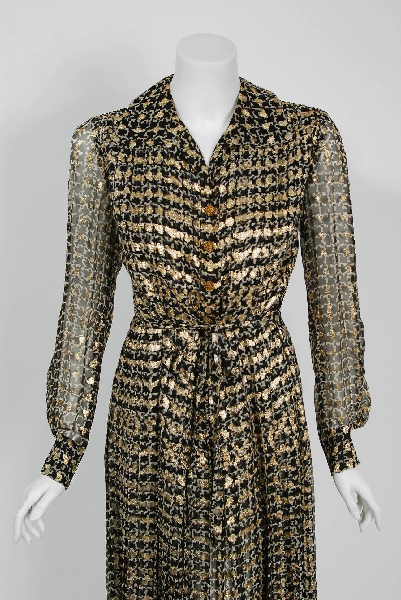 Chanel is known to be one of the most luxurious and decadent fashion houses in the world. This breathtaking metallic-gold graphic black and white silk dress from her 1975 Fall/Winter collection is a perfect example of why this couture brand has