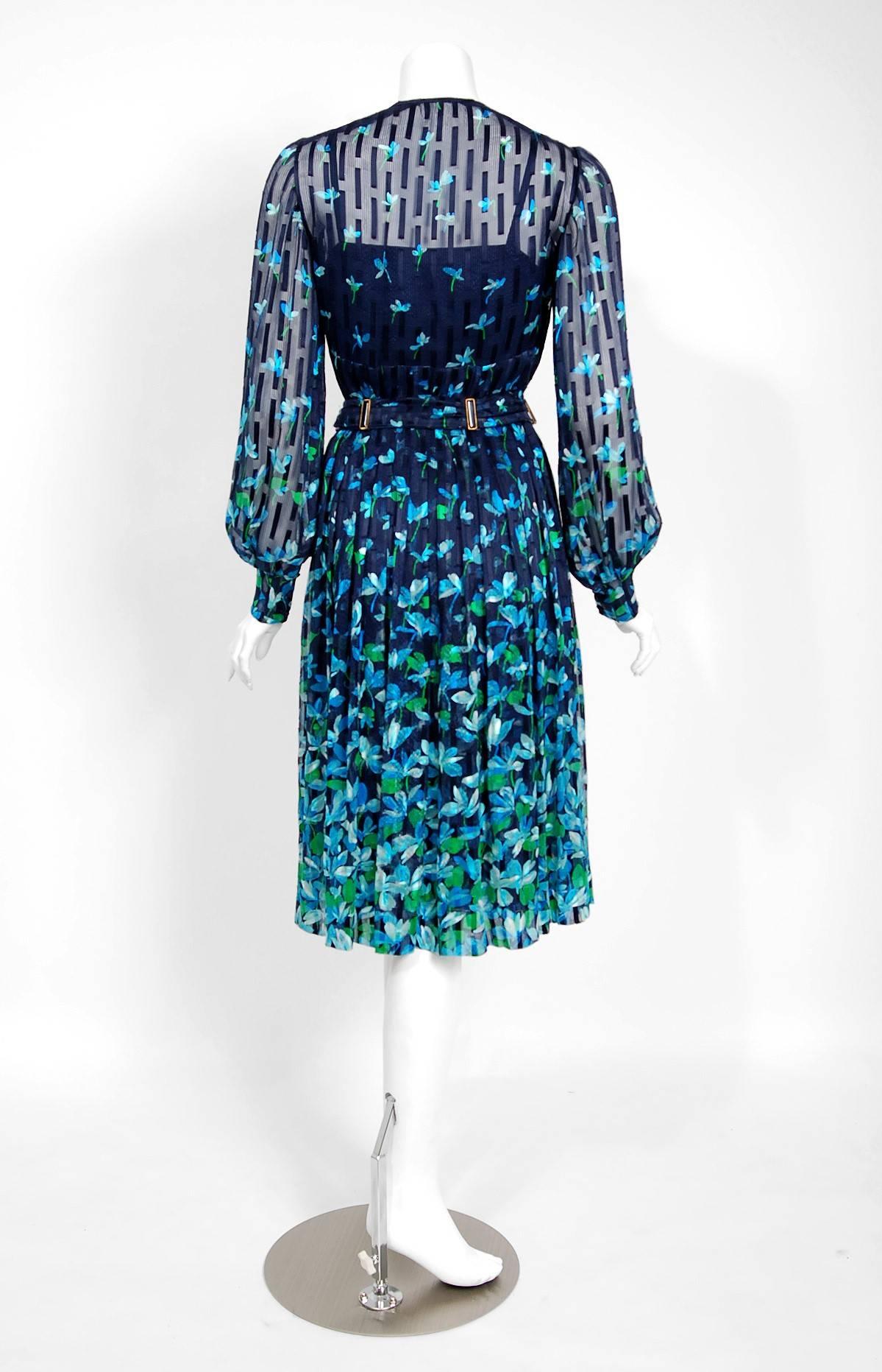1974 Chanel Haute-Couture Blue Floral Illusion Silk Billow-Sleeve Belted Dress 1