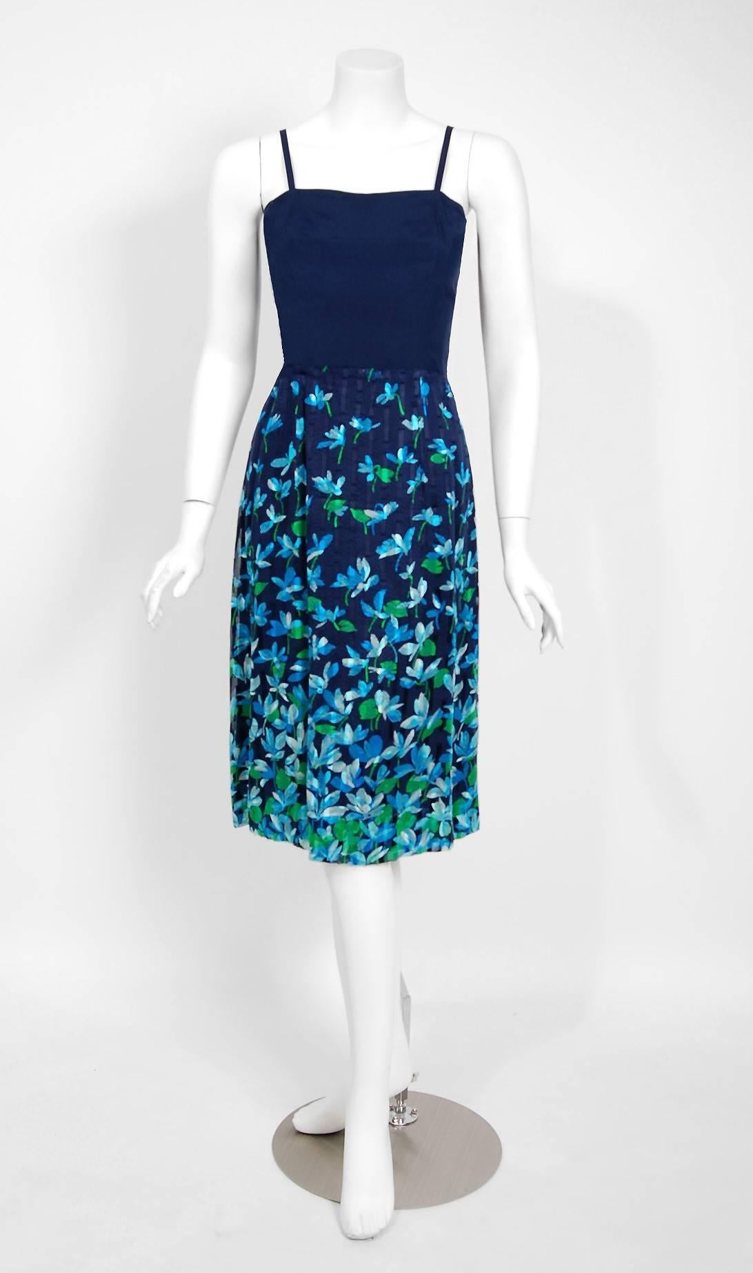 Women's 1974 Chanel Haute-Couture Blue Floral Illusion Silk Billow-Sleeve Belted Dress