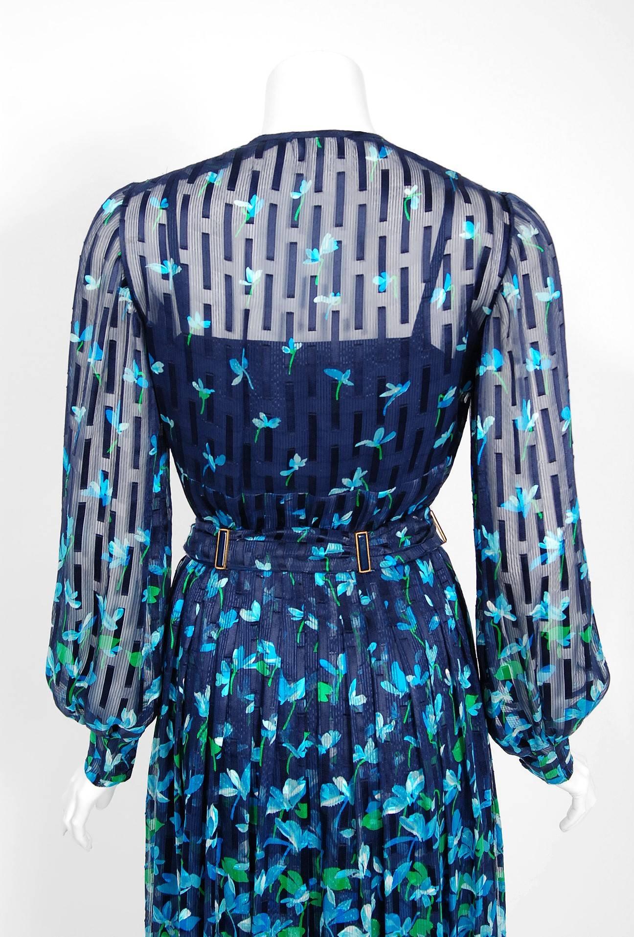 1974 Chanel Haute-Couture Blue Floral Illusion Silk Billow-Sleeve Belted Dress 2