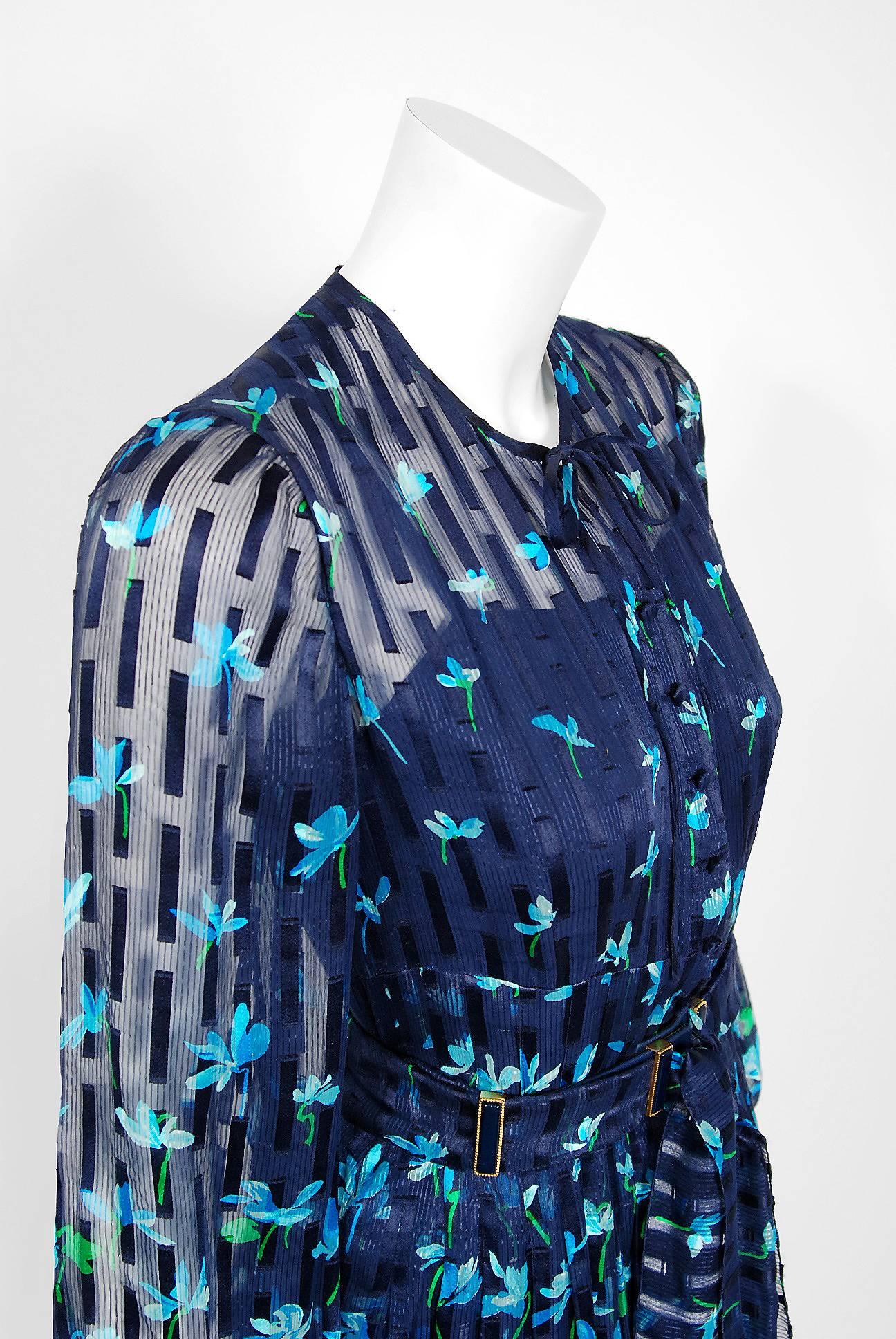 1974 Chanel Haute-Couture Blue Floral Illusion Silk Billow-Sleeve ...