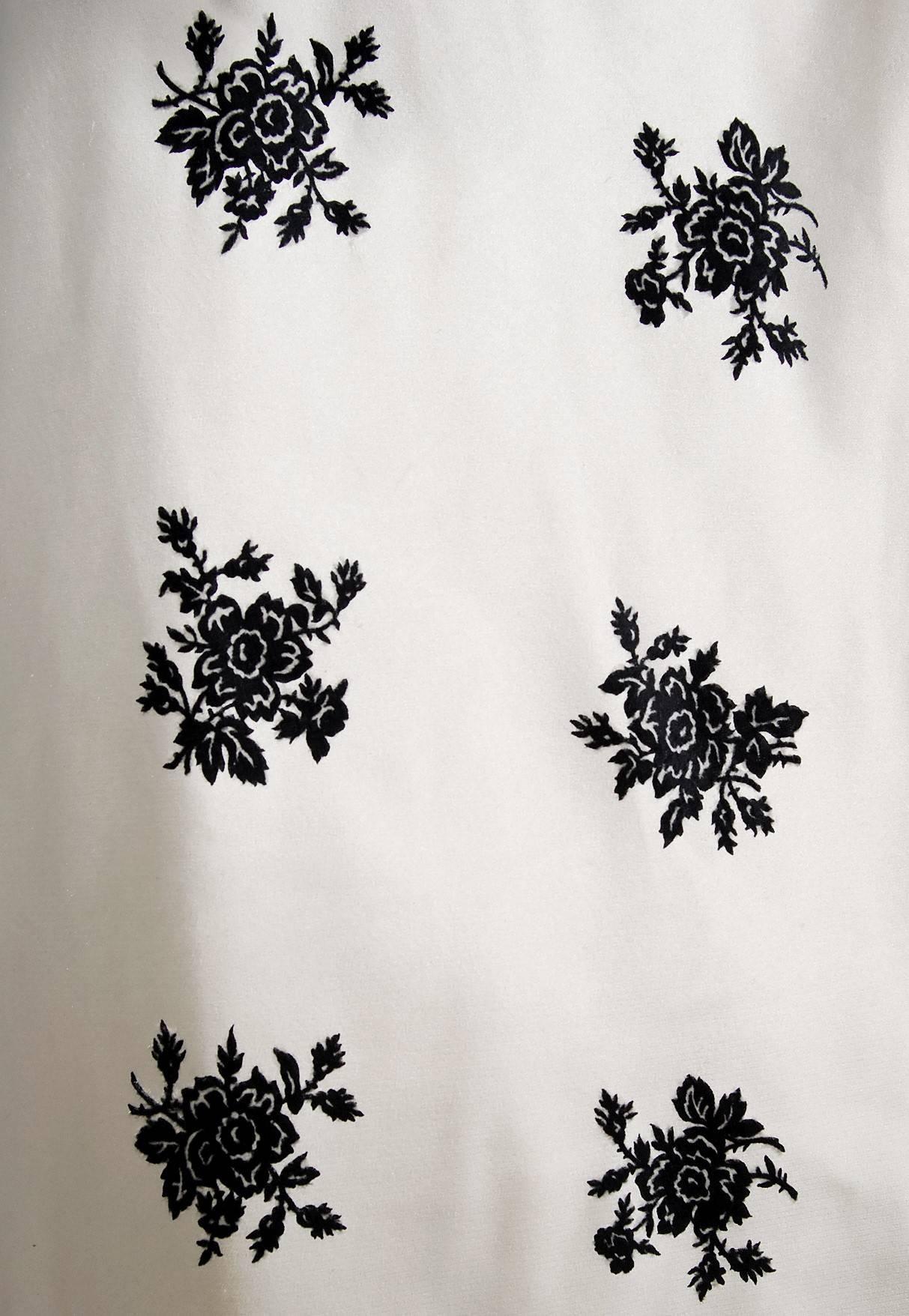 1955 Hattie Carnegie Ivory & Black Flocked Floral Satin Strapless Party Dress  1