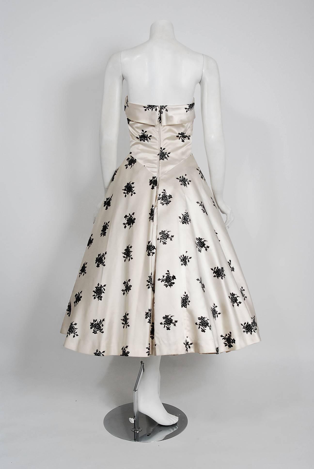 1955 Hattie Carnegie Ivory & Black Flocked Floral Satin Strapless Party Dress  2