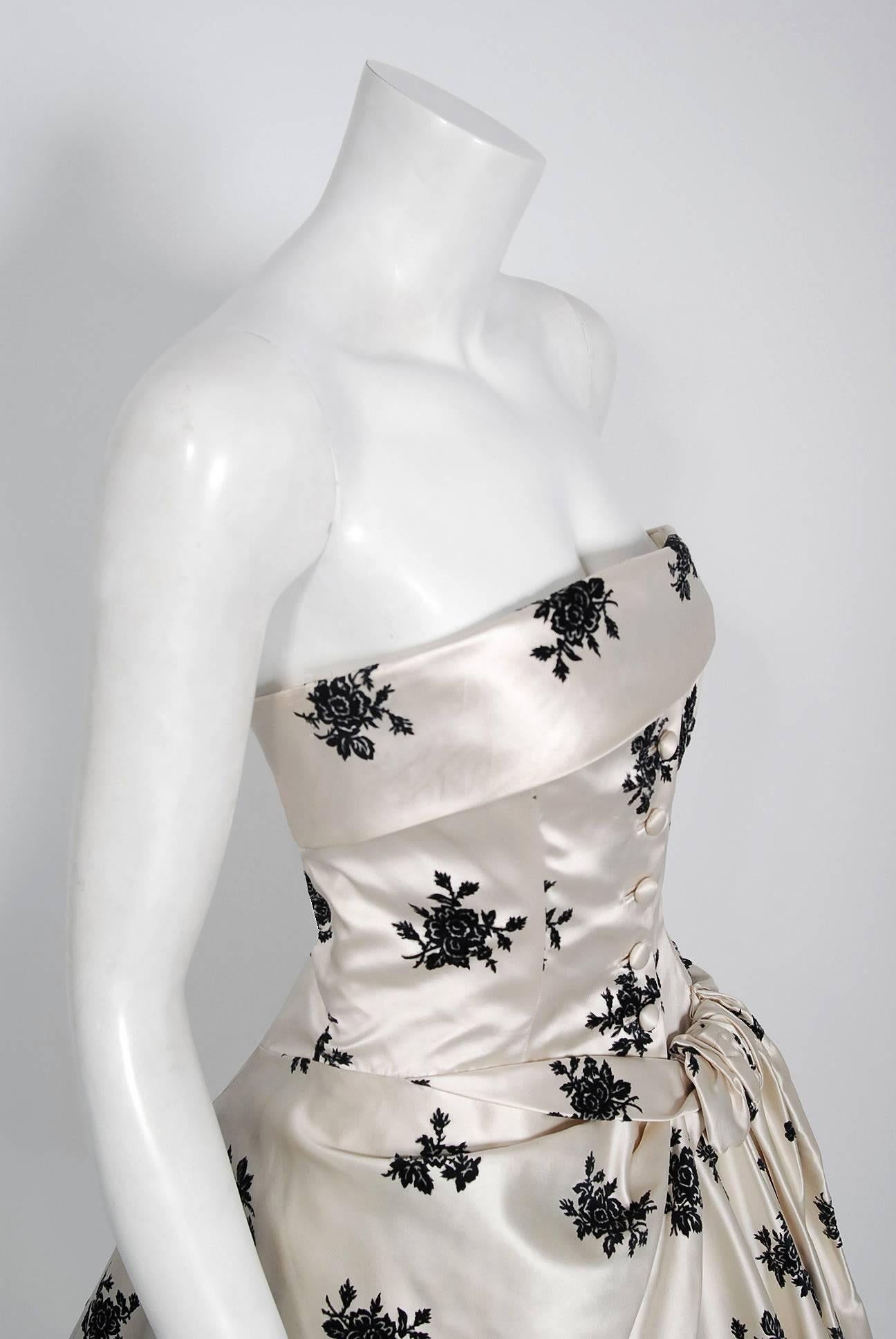 1955 Hattie Carnegie Ivory & Black Flocked Floral Satin Strapless Party Dress  In Excellent Condition In Beverly Hills, CA