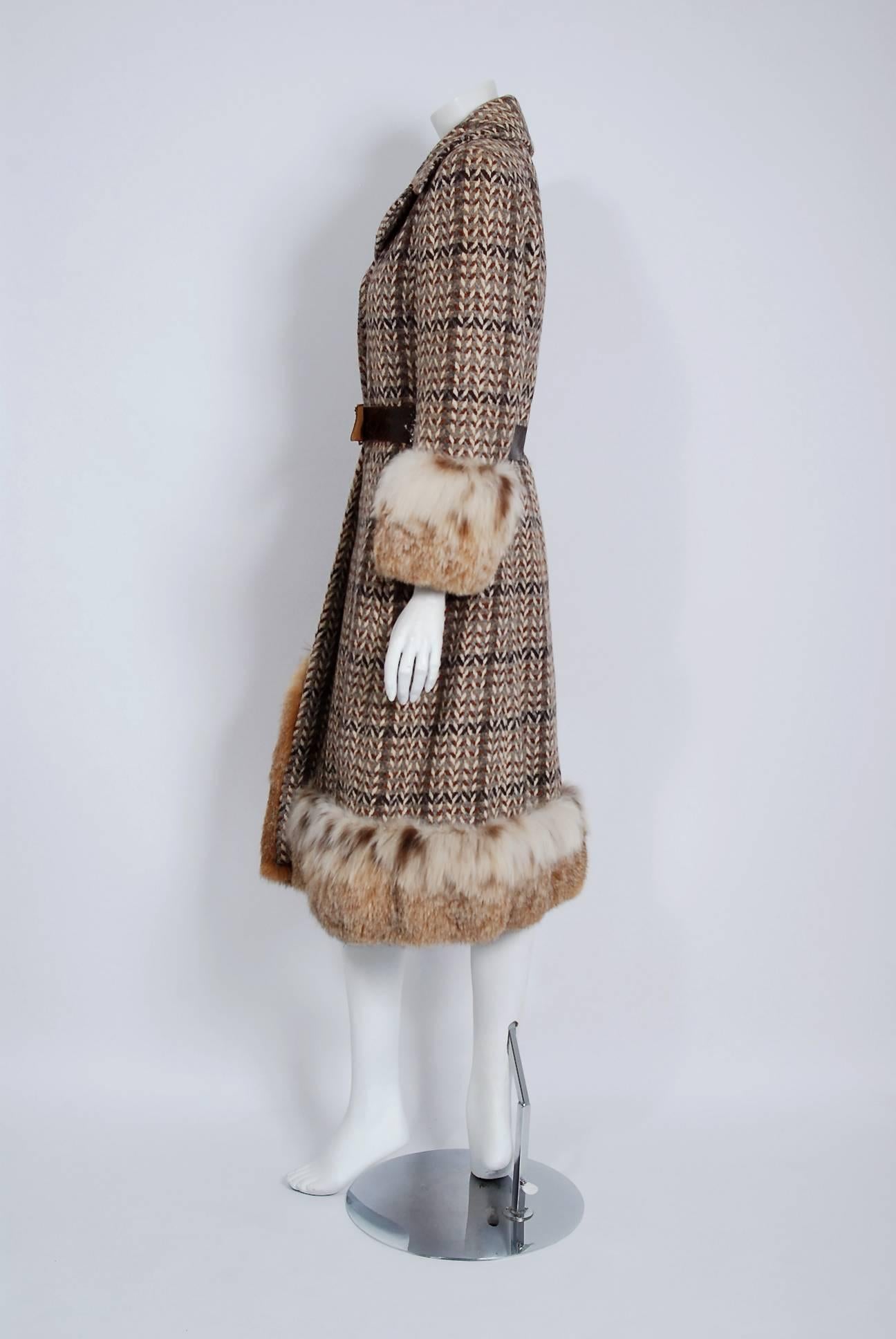 Women's 1970 Christian Dior Documented Wool Tweed & Lynx Fur Belted Princess Coat