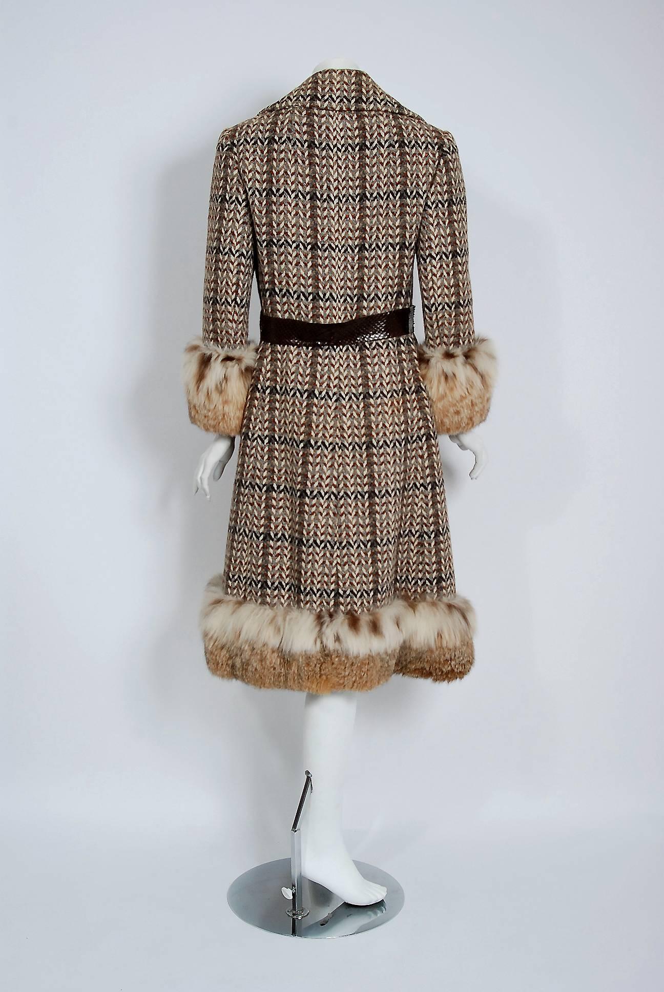 1970 Christian Dior Documented Wool Tweed & Lynx Fur Belted Princess Coat 1