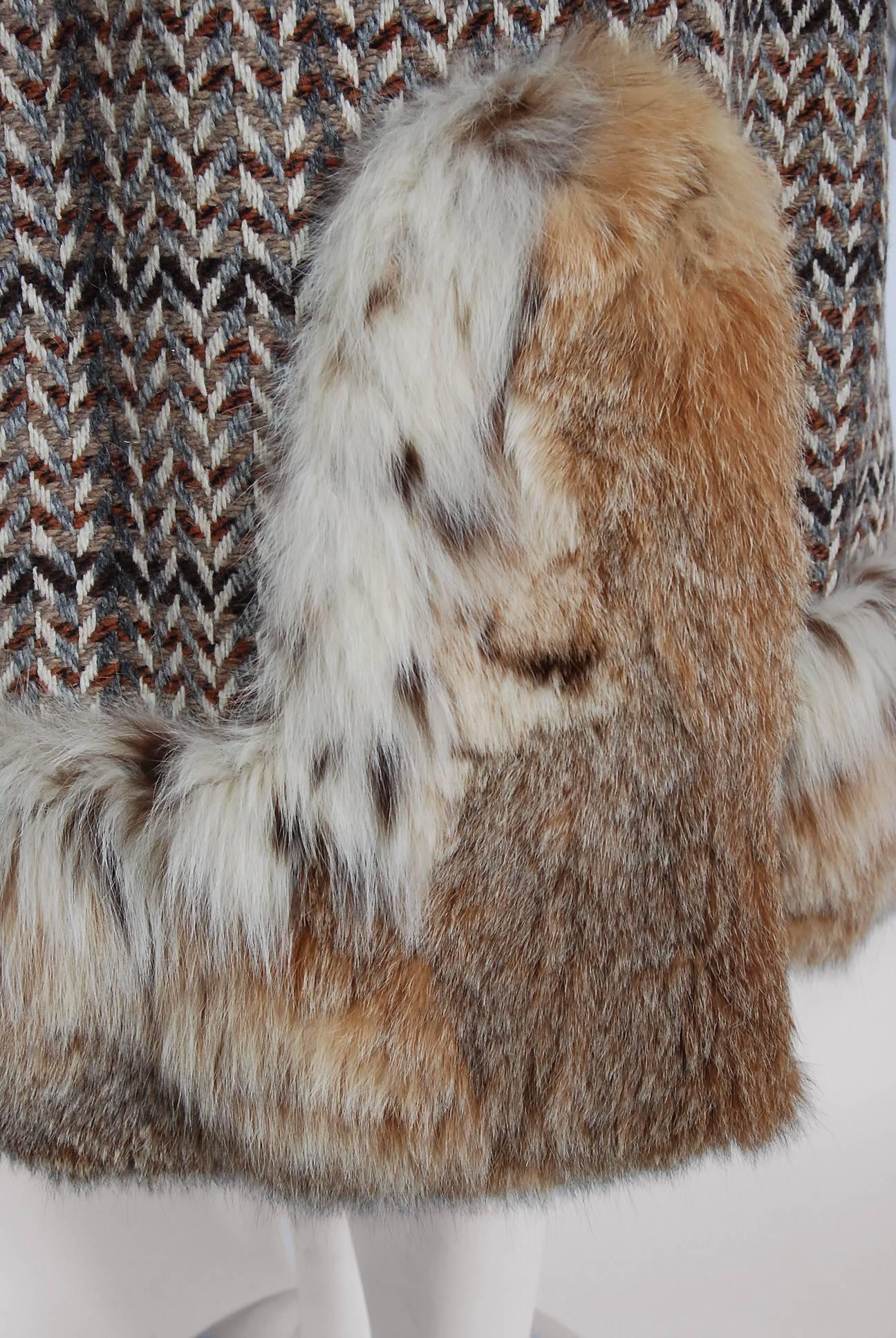 1970 Christian Dior Documented Wool Tweed & Lynx Fur Belted Princess Coat In Excellent Condition In Beverly Hills, CA
