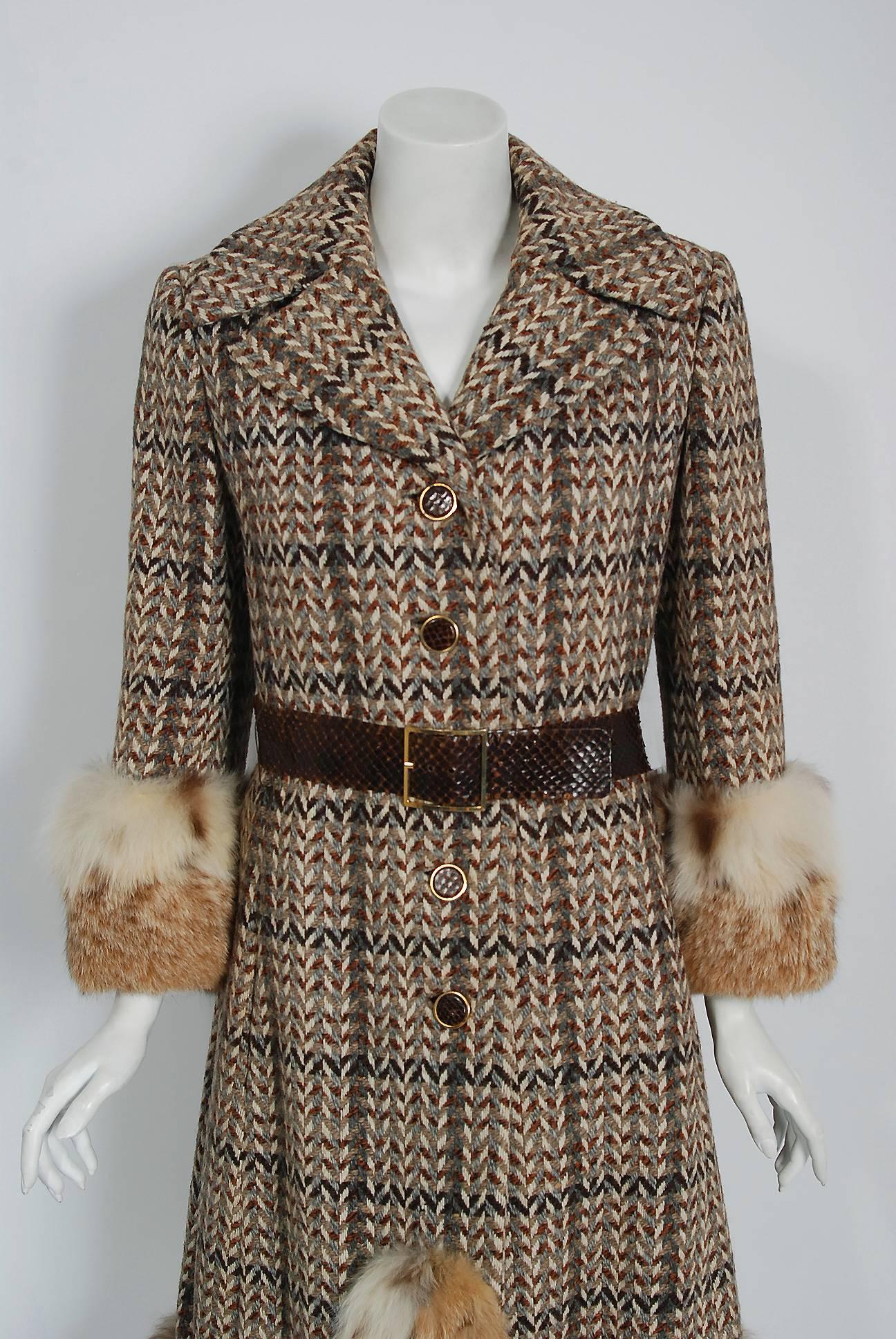 Brown 1970 Christian Dior Documented Wool Tweed & Lynx Fur Belted Princess Coat