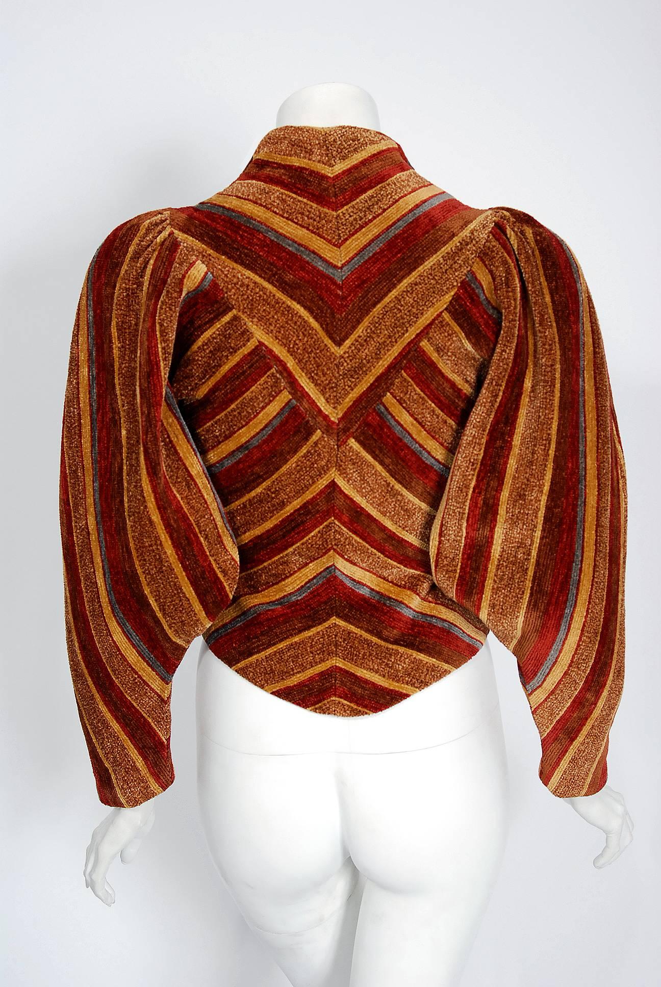 1973 Miss Mouse Striped Chenille Corduroy Dolman-Sleeve Cropped Deco Jacket In Excellent Condition In Beverly Hills, CA