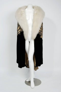 1920's Opulent Beaded Gold Lamé & Black Velvet Fox-Collar Flapper Coat Cape