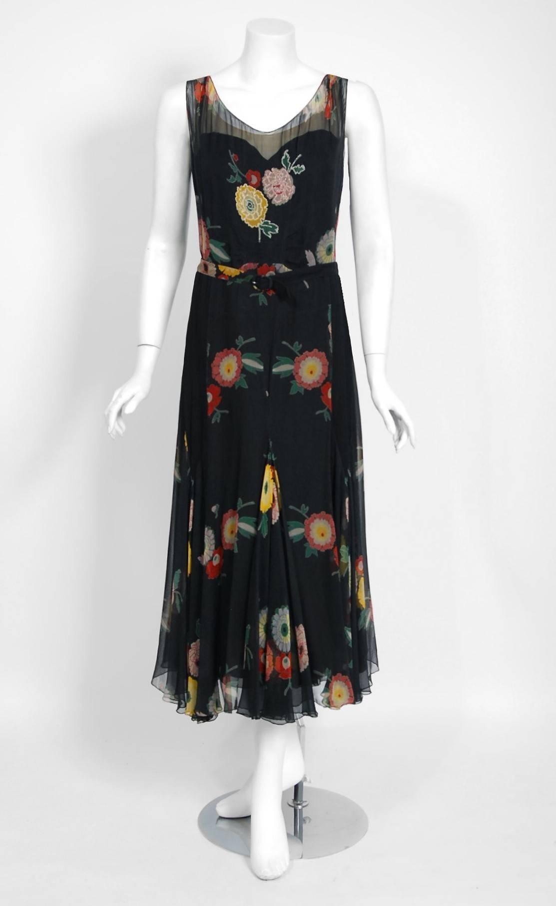 1930's Beaded Colorful Floral Print Illusion Silk-Chiffon Belted Dress & Jacket In Good Condition In Beverly Hills, CA