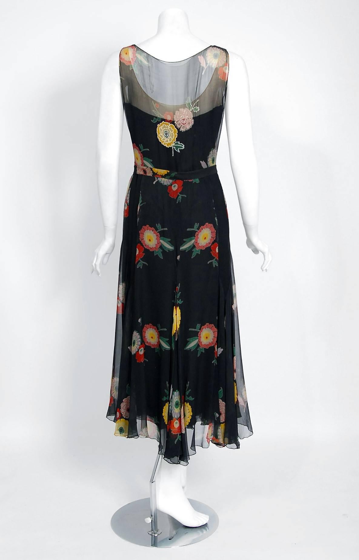 1930's Beaded Colorful Floral Print Illusion Silk-Chiffon Belted Dress & Jacket 1