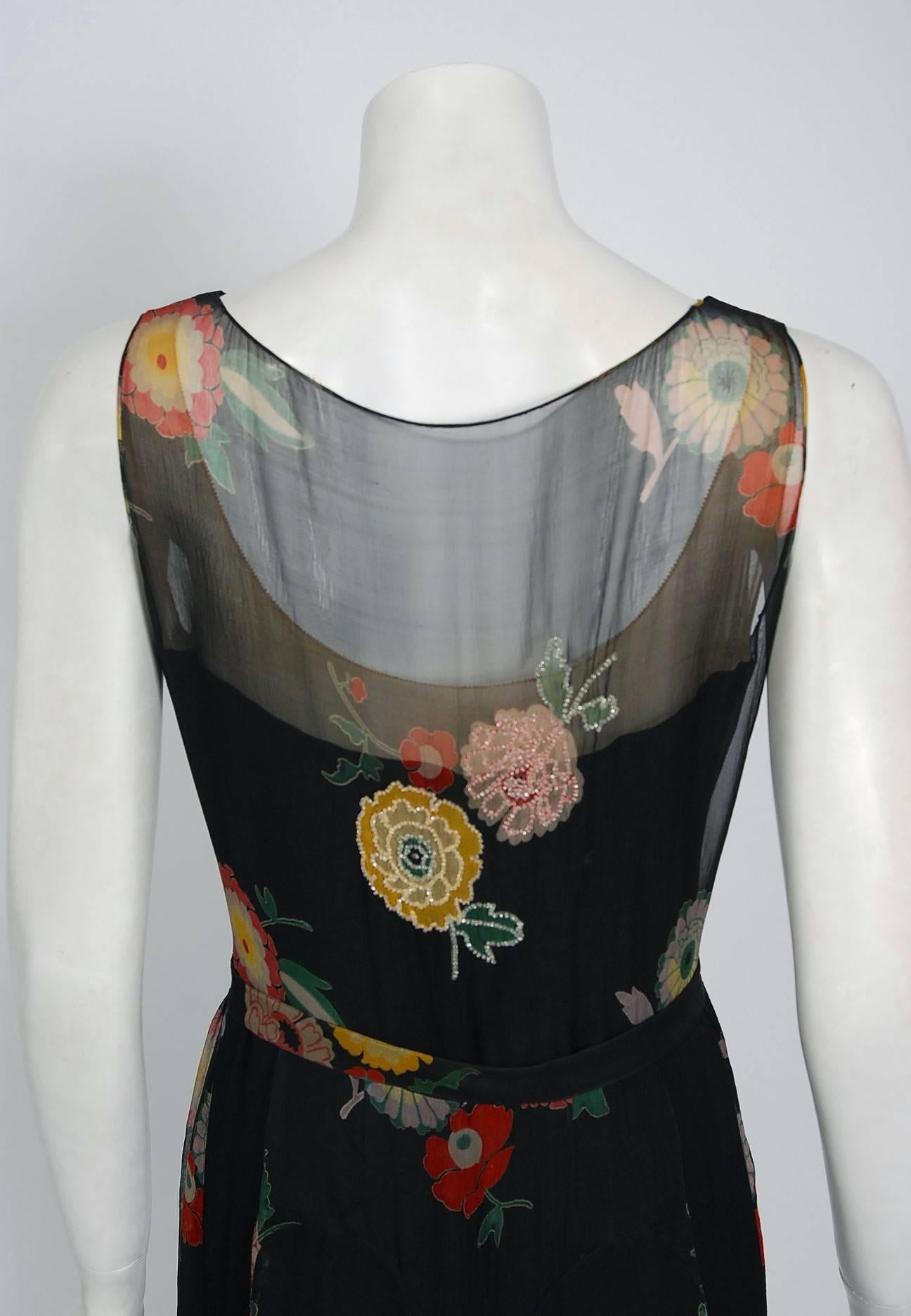 1930's Beaded Colorful Floral Print Illusion Silk-Chiffon Belted Dress & Jacket 2