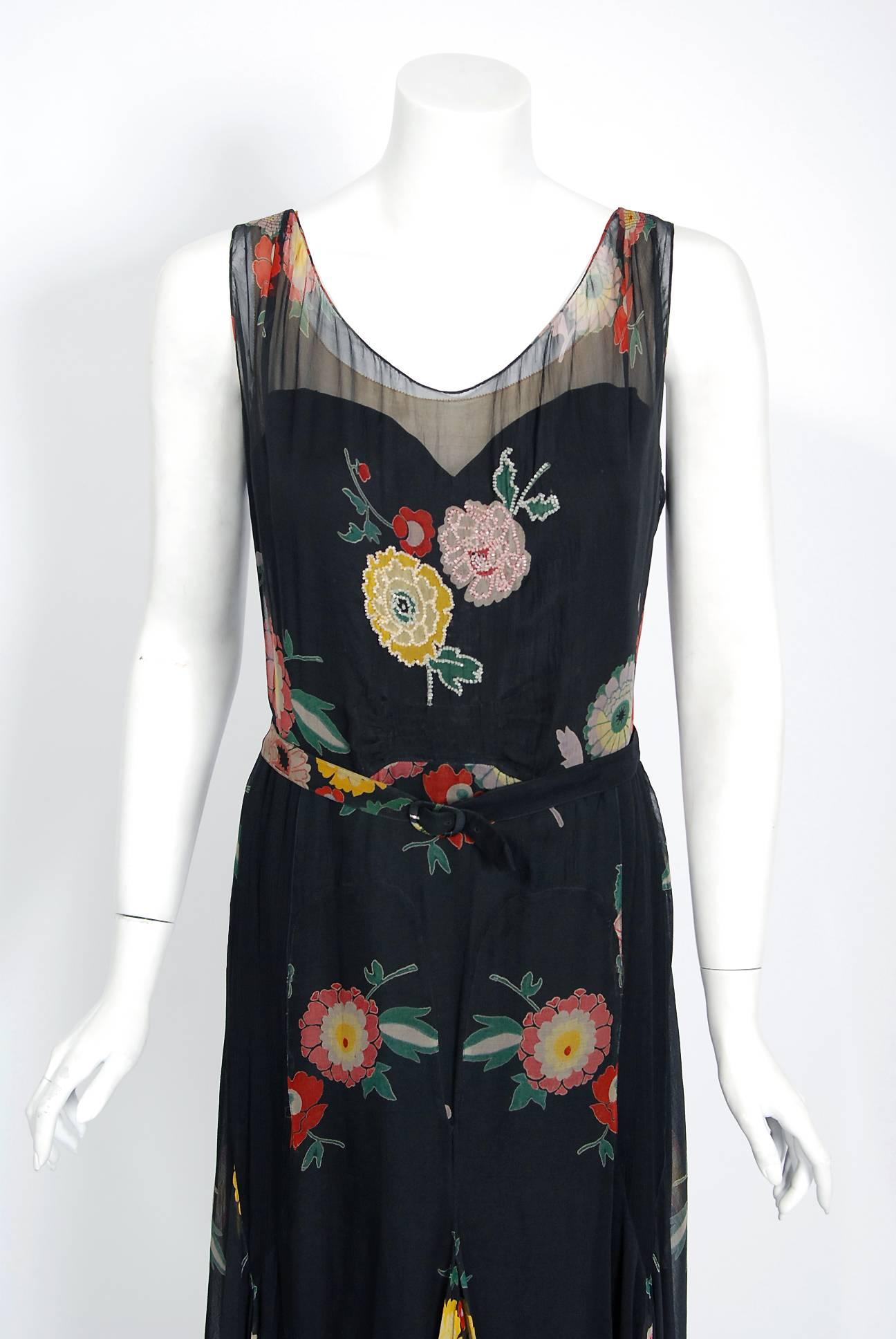 Women's 1930's Beaded Colorful Floral Print Illusion Silk-Chiffon Belted Dress & Jacket